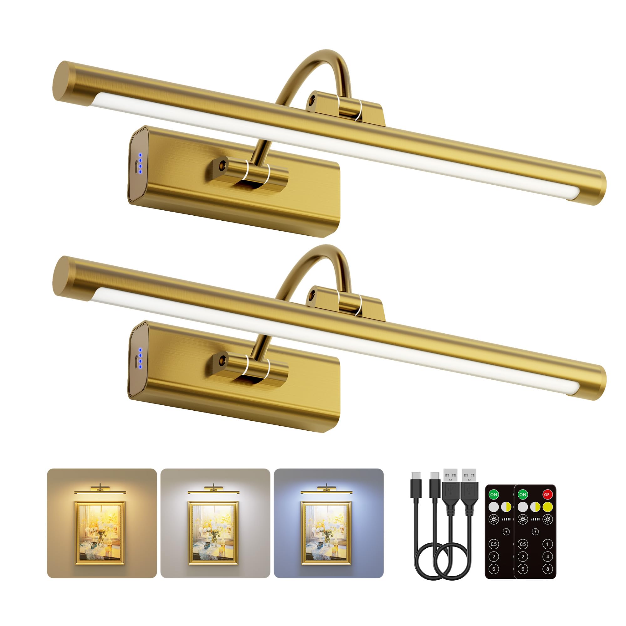 Craftersmark 2 Pack 16 Brass Picture Art Lights - 6000mAh Rechargeable Battery Powered Wireless Lighting for Home Gallery  Office  Living & Bedroom