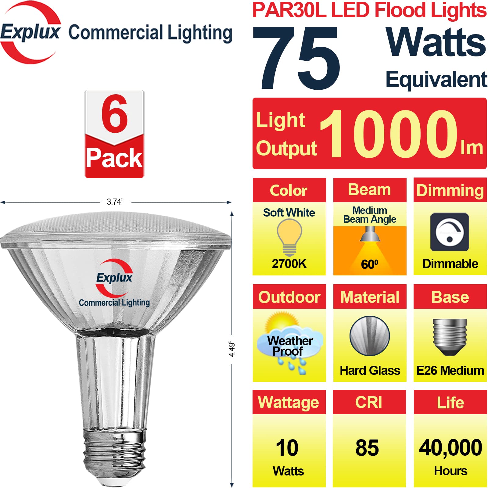 Explux Commercial-Grade LED PAR30 Flood Light Bulb, Dimmable, 2700K Soft White, 75W Equivalent, 6-Pack, Glass, Model LL10W/PAR