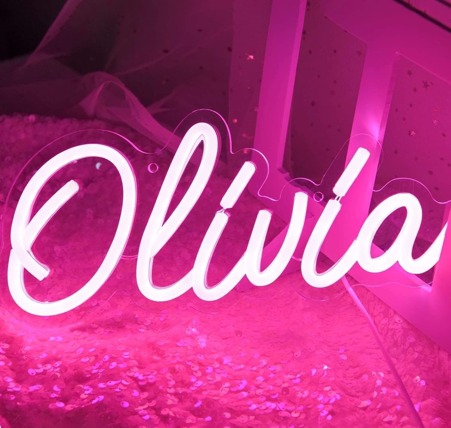 attneon Olivia Name Neon Sign, LED Light for Kids Bedroom, Customizable, 11.8x5.1in, Pink, Model JTLD400