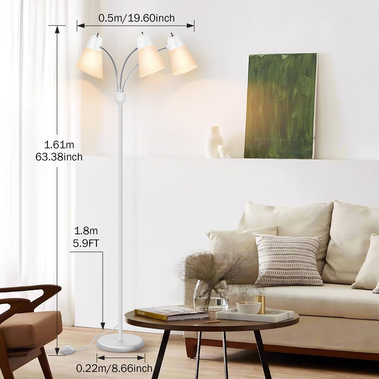 FOLKSMATE LED Floor Lamp, Medusa 3-Head Adjustable Gooseneck Light, Modern Design for Living Room, White