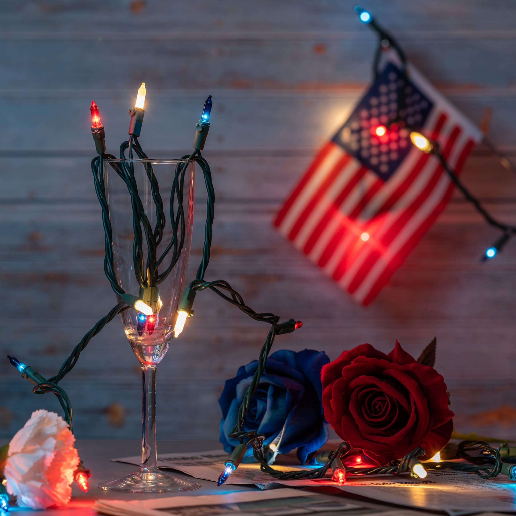 YULETIME 200 Red White & Blue Christmas Lights, 33 Feet, 100 Count, UL Certified, Copper Wire and Glass Bulbs