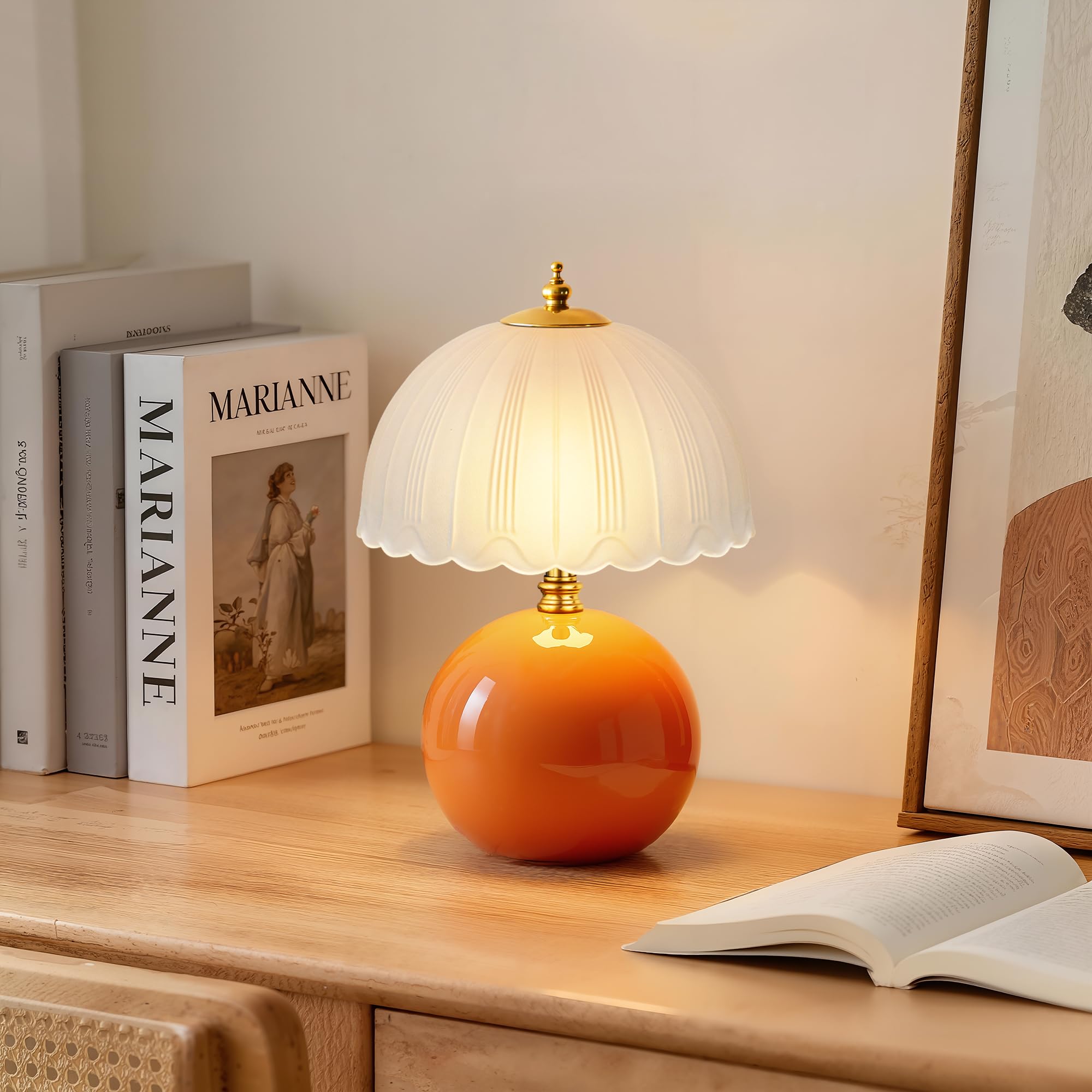 PARTPHONER Mushroom Table Lamp, Ceramic, 3-Way Lighting, Small Bedside Lamp, Orange, Model PALP524AE1