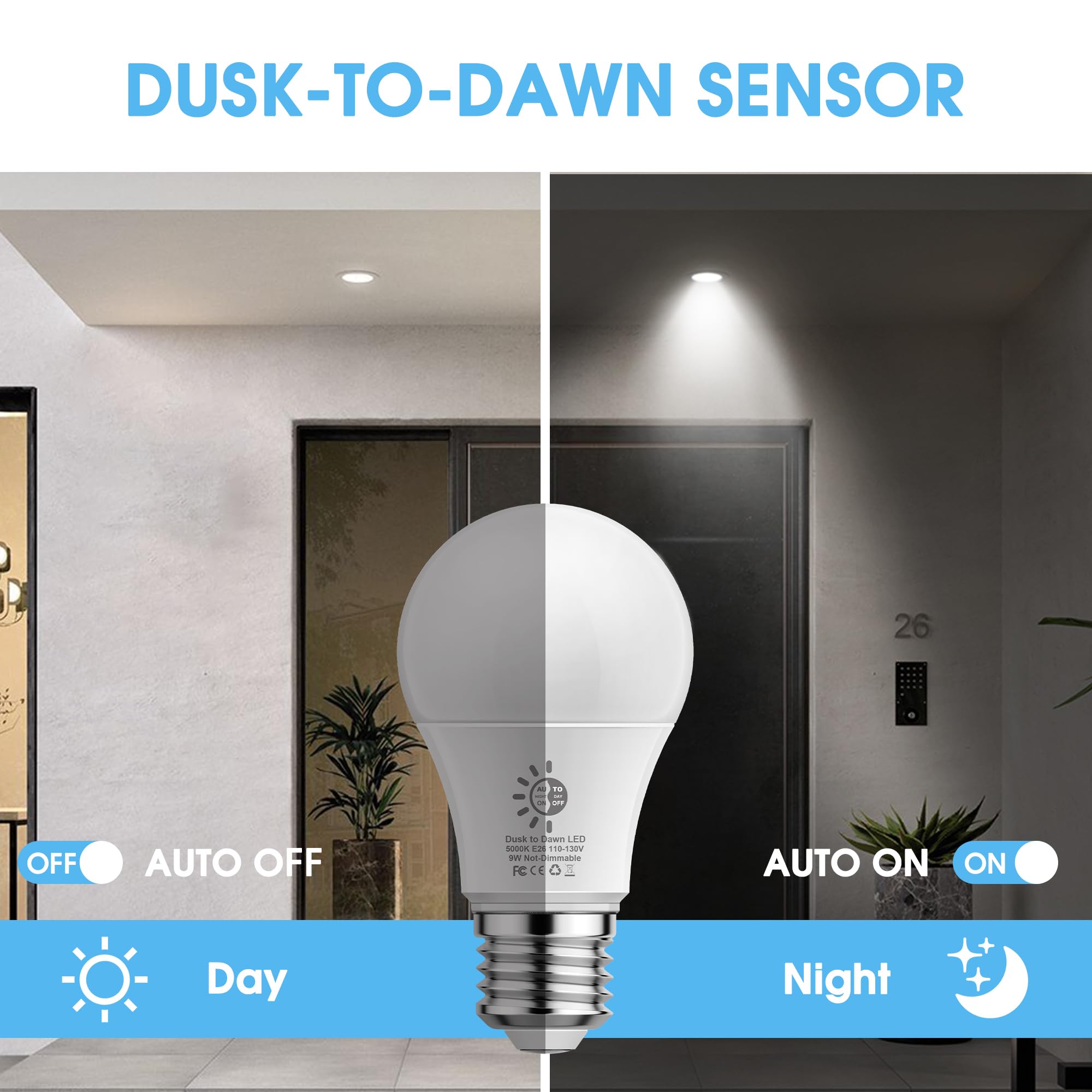 4 Pack Dusk To Dawn Light Bulbs Outdoor  9W(60W Equivalent) 5000K Daylight Bulb  800Lm A19 E26 Automatic On/Off Led Light Bulbs  Dusk To Dawn Led Sensor Photocell Lighting For Porch Garage Patio