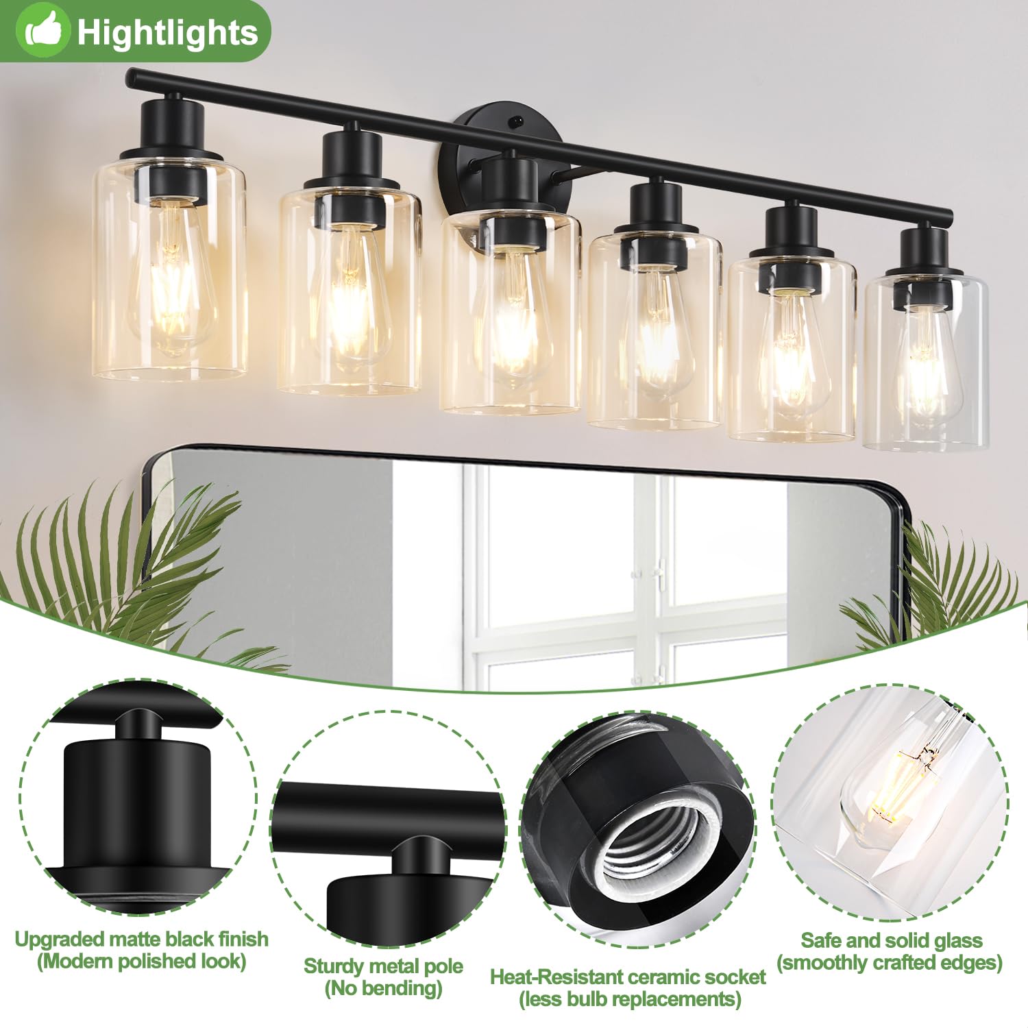 Zarbitta 6-Light Bathroom Light Fixtures, Black Modern Vanity Lights, Clear Glass Shade, Model YX-062, Matte Black