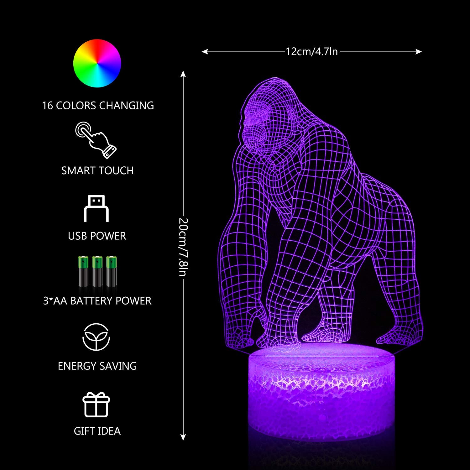 Bassi 3D Gorilla Lamp For Kids, 16 Colors Changing Remote Control 3D Night Light Gorilla Toy - Birthday Christmas Gifts For Boys