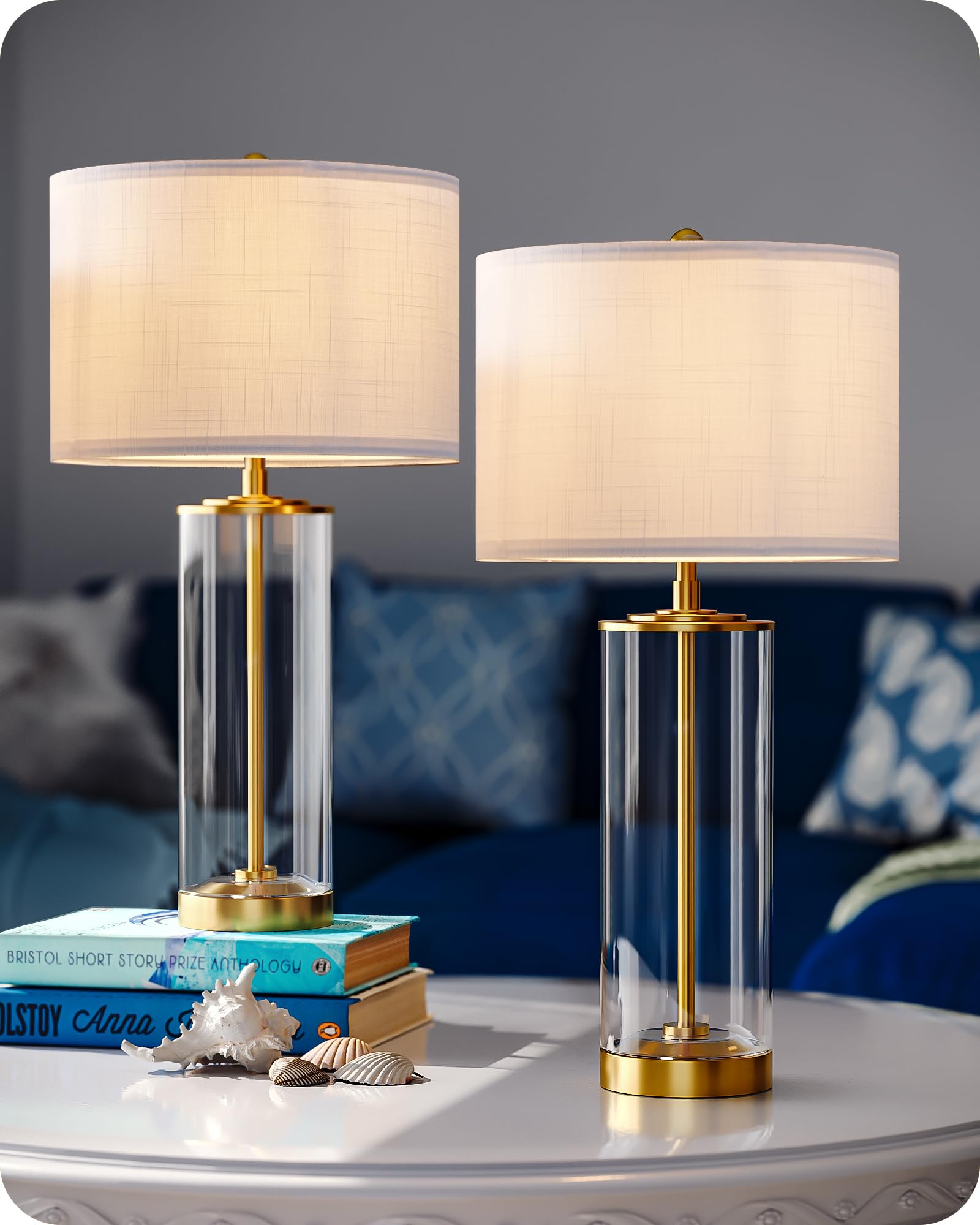 EDISHINE 23.6IN Glass Table Lamp DIY Fillable Base, White Linen Lampshade Table Lamp Set of 2, Tall Bedside Lamp for Living Room