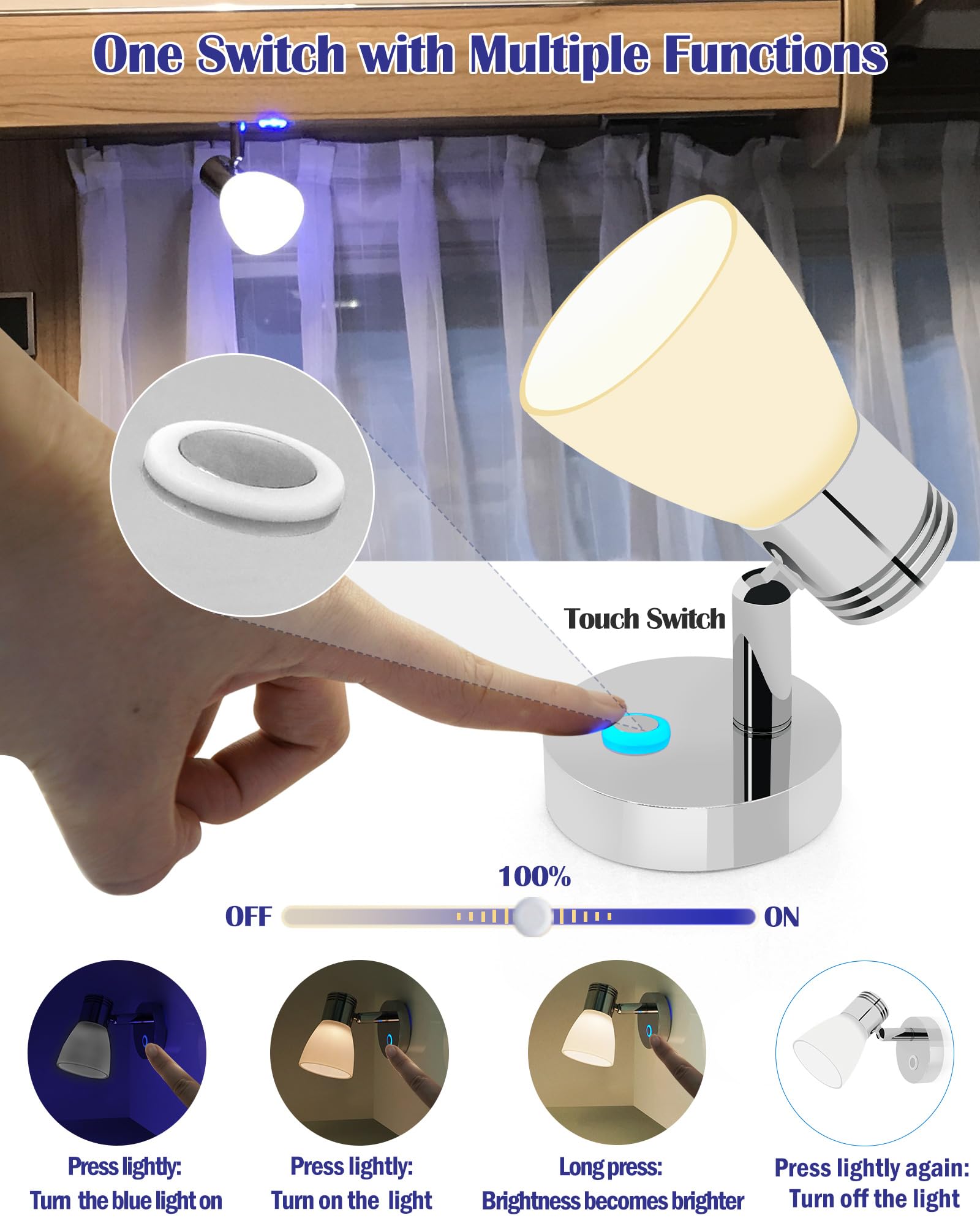 THALASSA 12V LED Boat Reading Light - Polished Metal Wall Sconce with Touch Dimmer for RV, Caravan, Camper Van Indoor Lighting