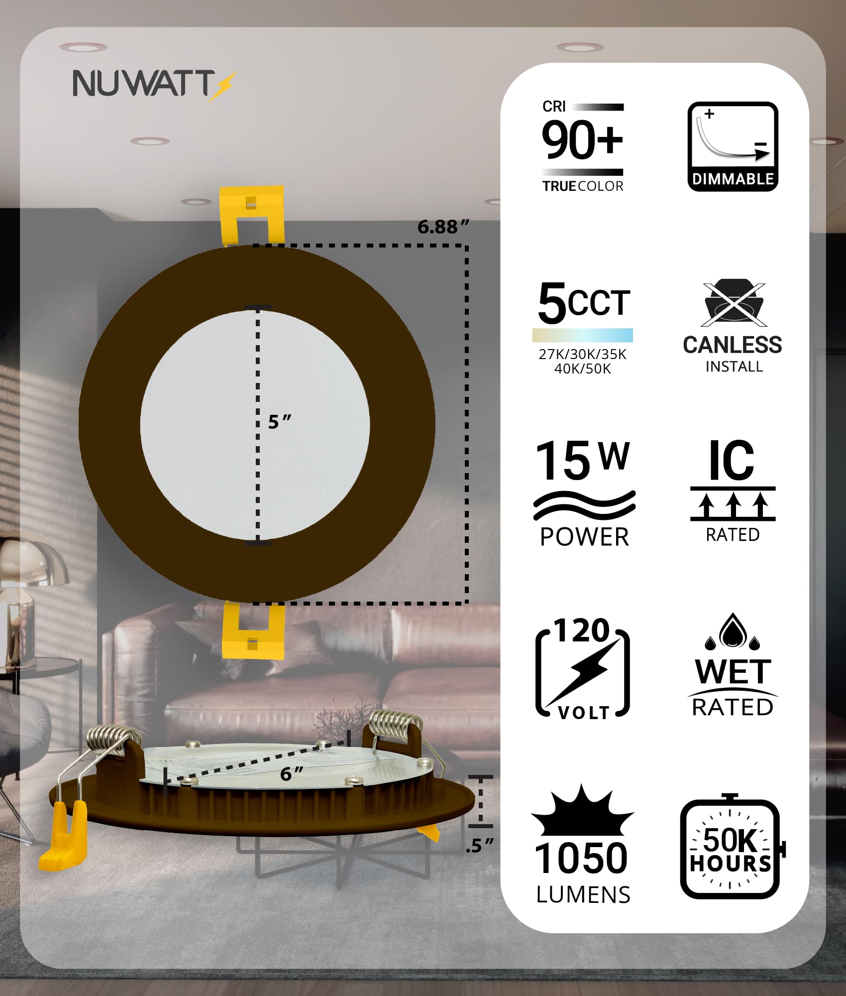 Nuwatt 6 Pack, 6 Inch Ultra-Thin Bronze Led Recessed Lighting, 5Cct 2700K/3000K/3500K/4000K/5000K Selectable, 1050Lm, 15W, Ic Ra