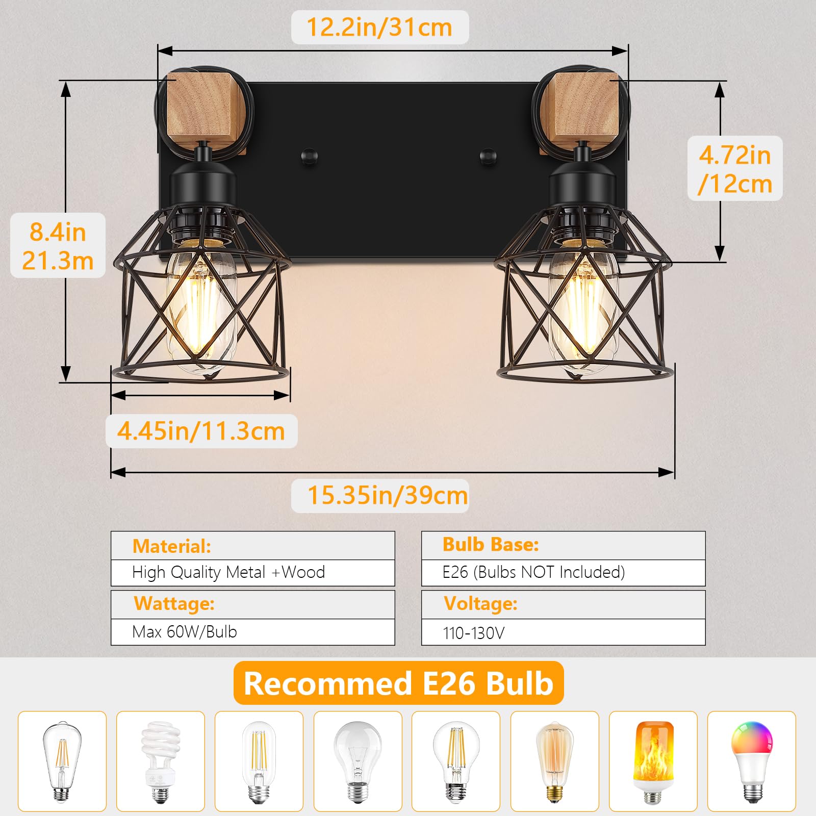 FadimiKoo 2-Light Farmhouse Vanity Light, Black Rustic Wood & Metal Sconces for Bathroom, Living Room, Bedroom, Hallway