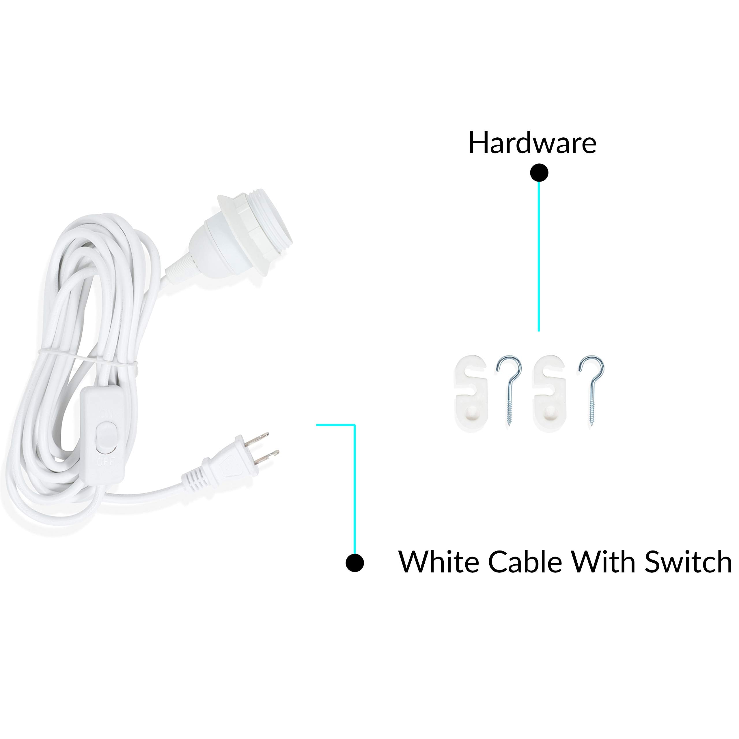 Wallniture Fiore 15ft Hanging Lantern Cord with On/Off Switch, White Plastic Socket Set for Pendant Light Bulbs