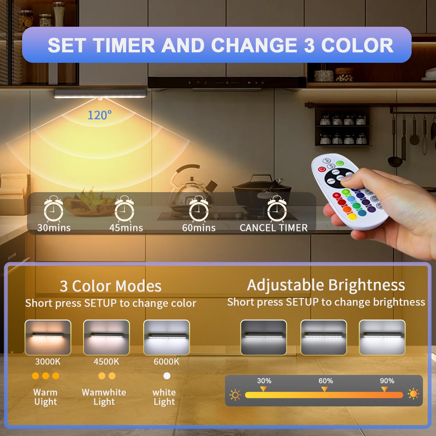 Under Cabinet Lighting, Under Counter Lights For Kitchen 5 Packs 48 Led 15 Color Temps Dimmable Battery Operated Rgb Lights With Remote Wireless Closet Lights For Bedroom Wardrobe Stair