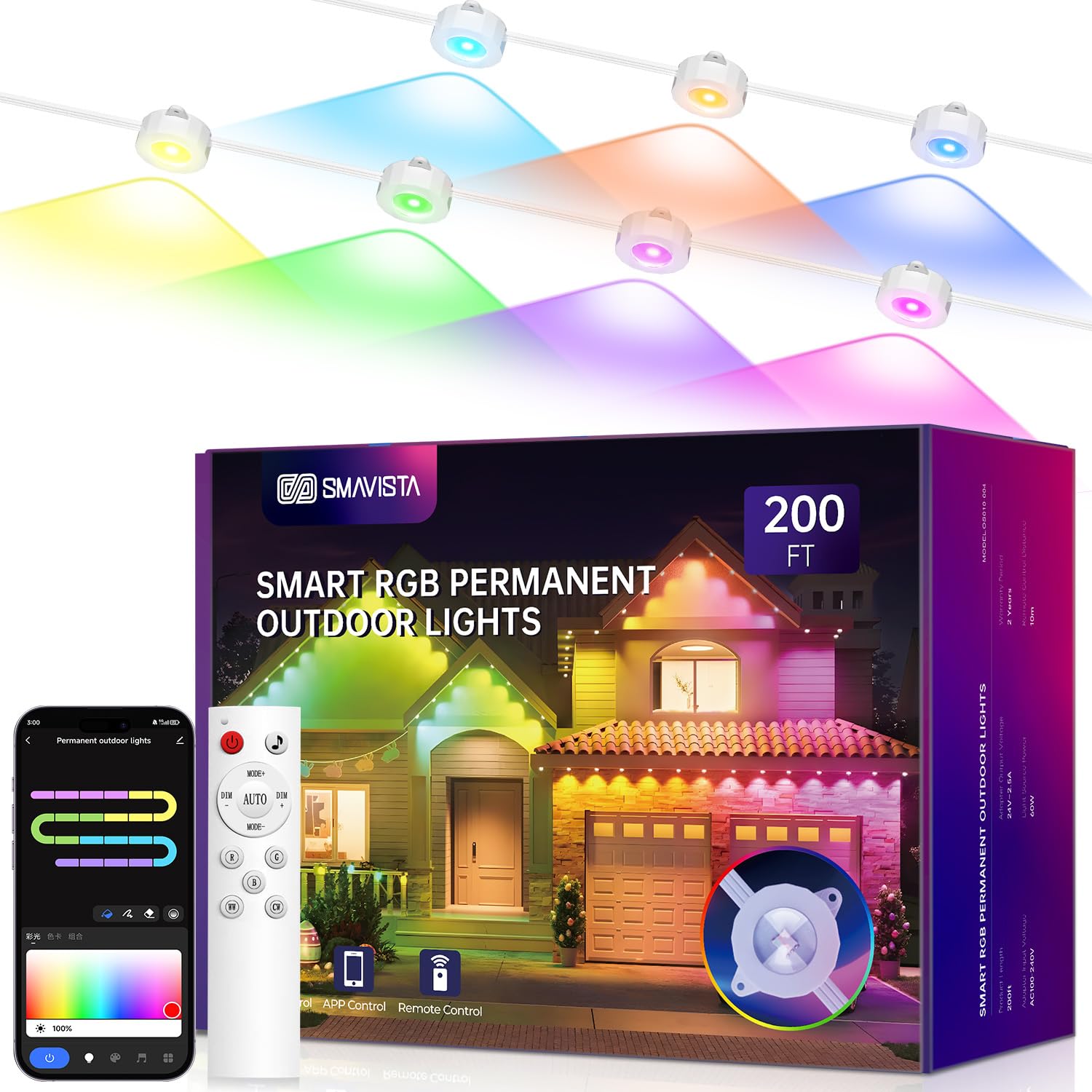 SMAVISTA Smart Permanent Outdoor Lights, 200ft with 144 LED RGB String Lights, IP67 Waterproof Eaves Light with 44 Scene Modes f