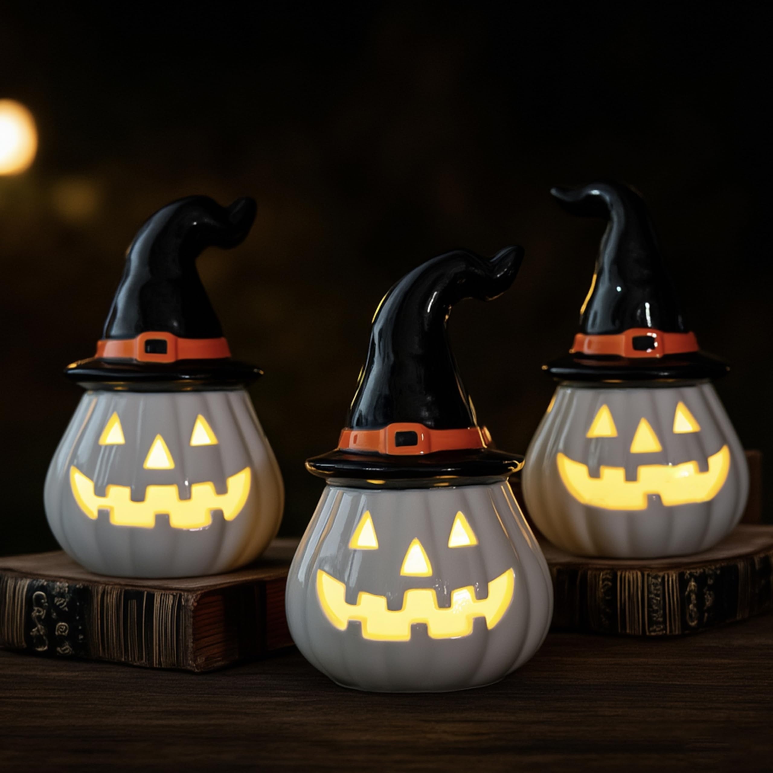 Nerosun 3 Pack Halloween Light Up Pumpkin Decorations  Ceramic Battery Operated Lighted Jack O Lantern Figurines  Spooky Halloween Ornaments For Indoor Home Fireplace Tabletop Centerpieces