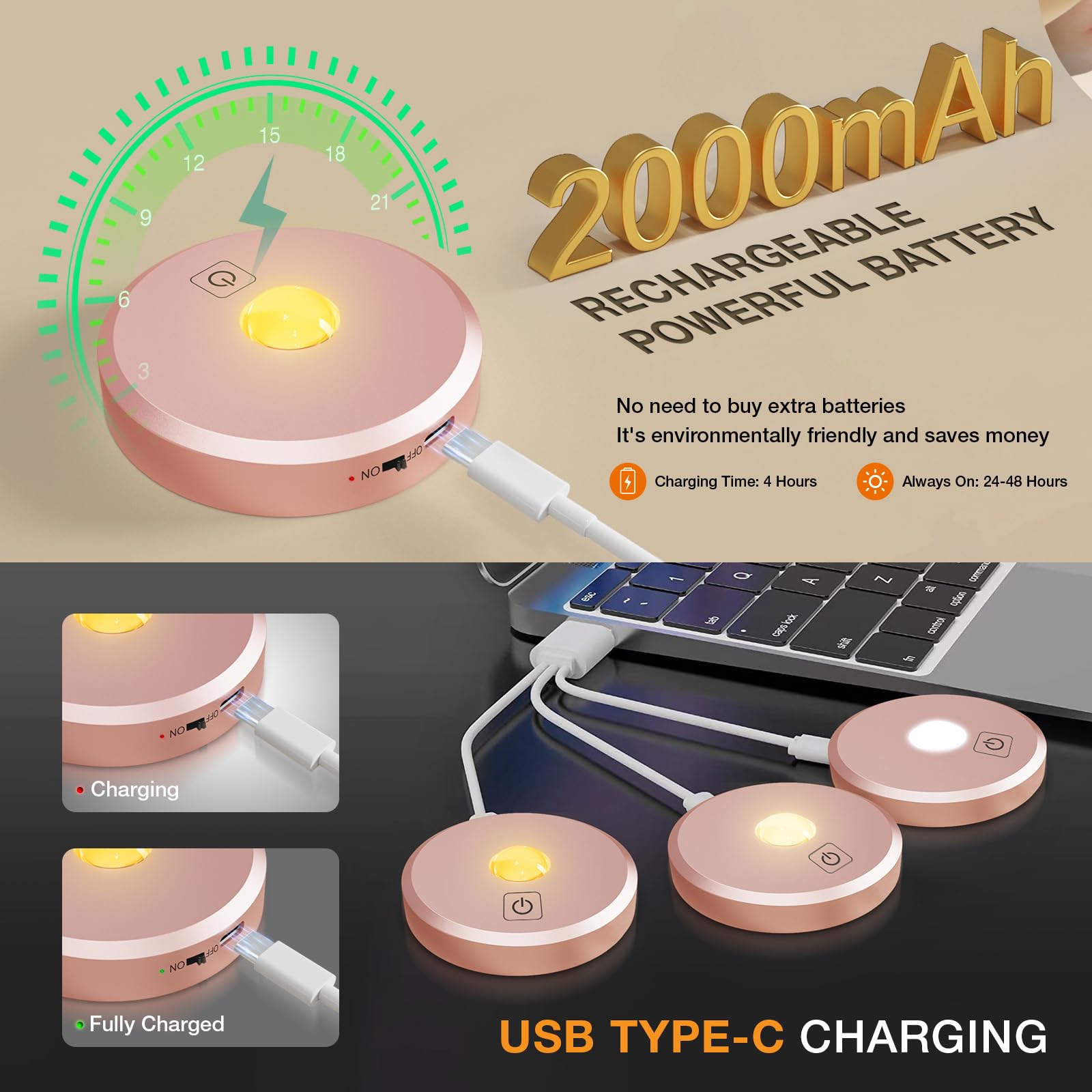 MEKKLEON Puck Lights with Remote Control, Rechargeable Metal, 3 Pack, Rose Gold, Model G3-G18