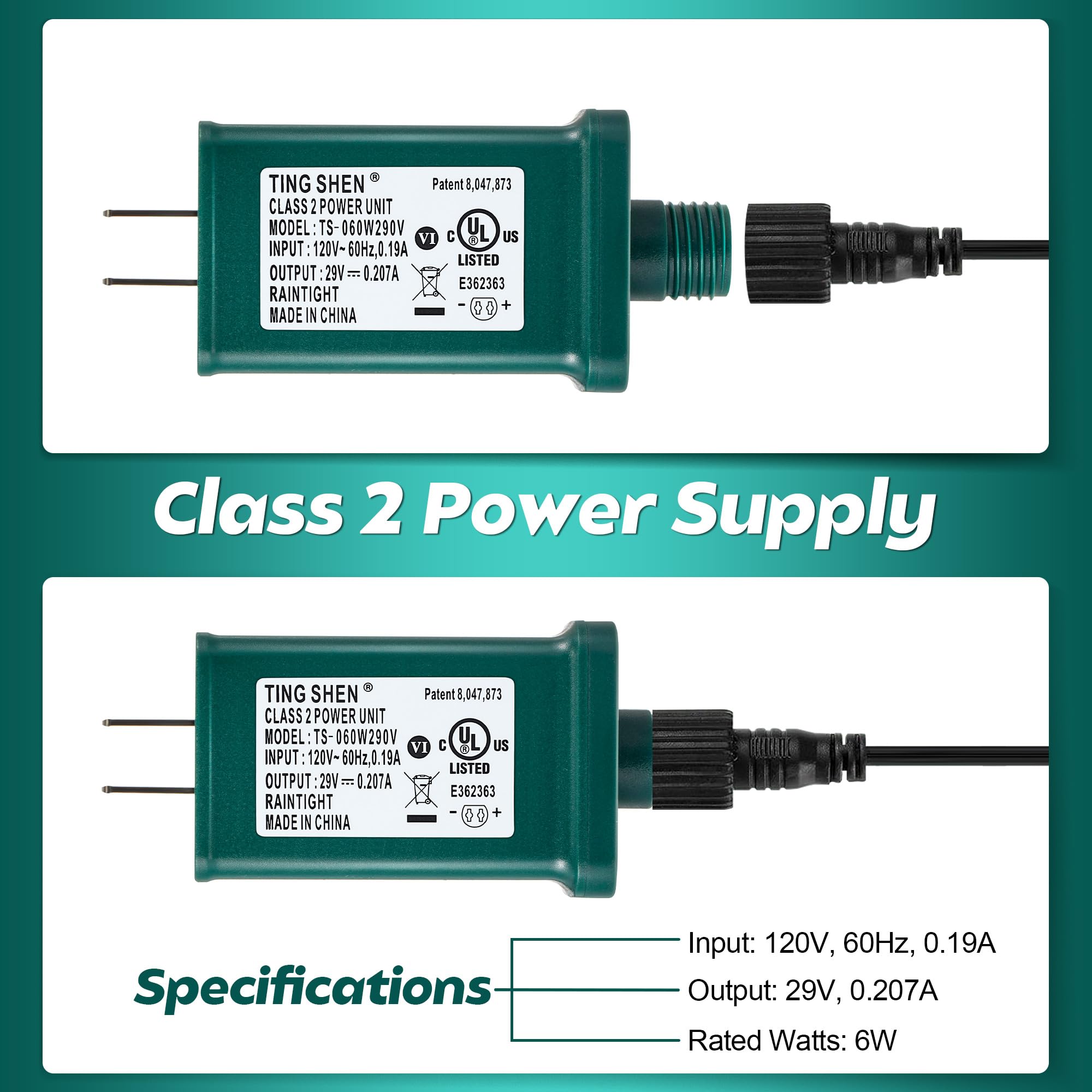 Enhon 29V LED Power Supply, UL Certified, Low Voltage Transformer Adapter, Green, Model TS-6W29V