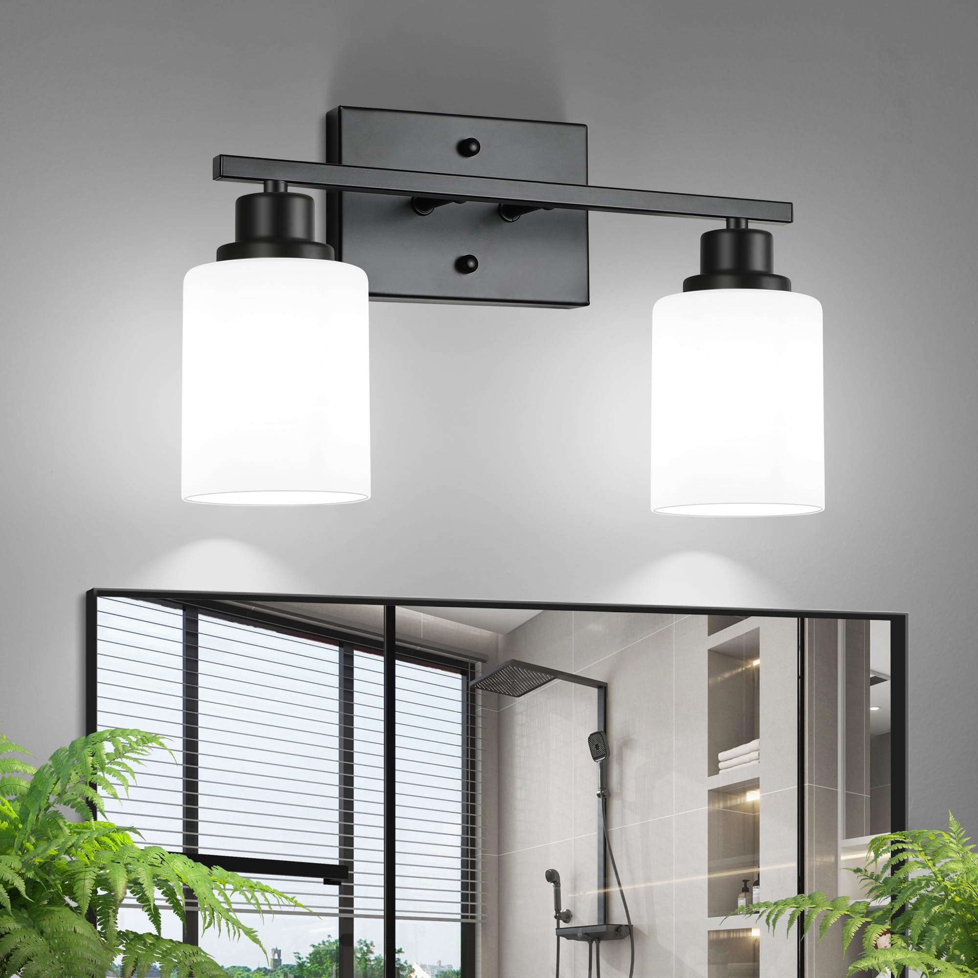 Ascher Bathroom Light Fixtures  2-Light Vanity Light Over Mirror  Matte Black Wall Sconces with Milky White Frosted Glass Shades  Wall Lamp for Living Room Bedroom  E26 Base(Bulbs Not Included)