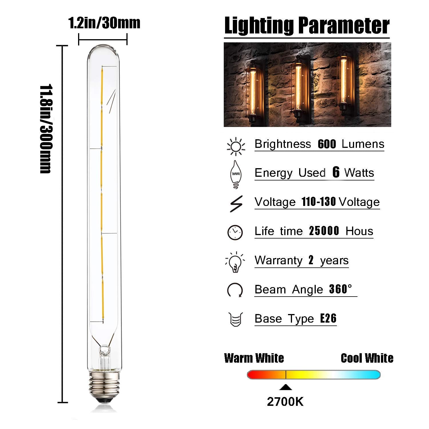 Leools Vintage LED Filament Bulb T300, 6W Dimmable, Warm White, 11.81in, Clear Glass, Pack of 4, 600LM (60W