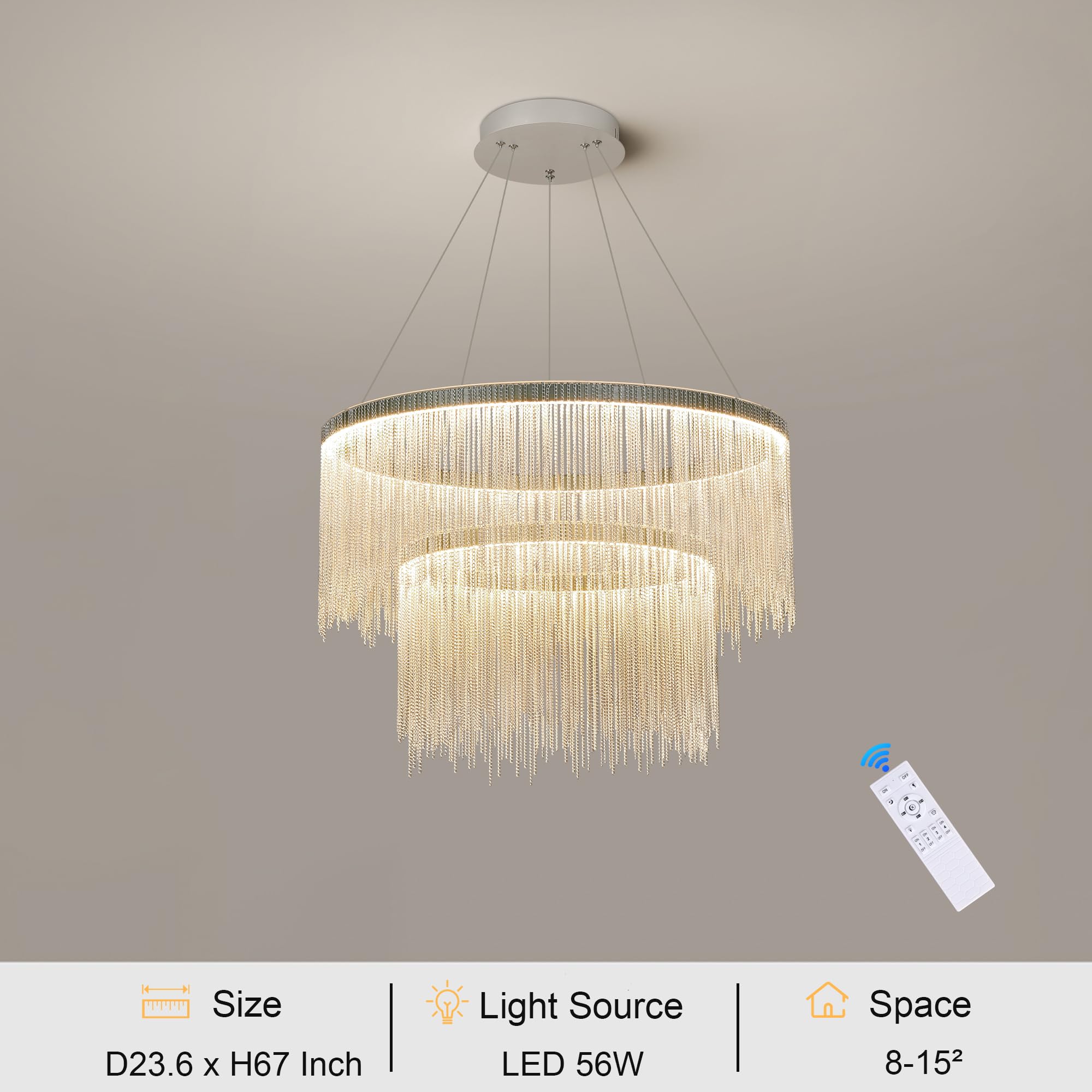 Puvaue Aluminum Ring Chandelier, LED Hanging Light Fixture, D23.6 Inch, Silver, Remote Control for Dining Room, Living Room, Bedroom