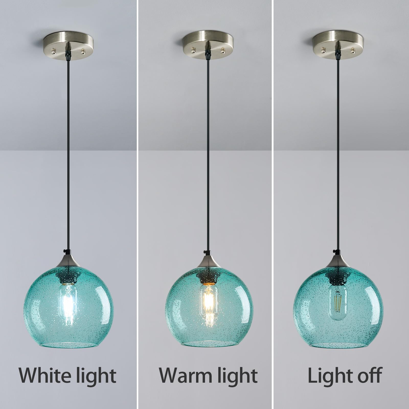 Lbsqj Light Blue Glass Pendant Lights Kitchen Island Lighting Globe Pendant Light Fixtures Modern Pendant Lighting For Bedroom Living Dining Room Light Fixture (7.87 In  3 Pack)