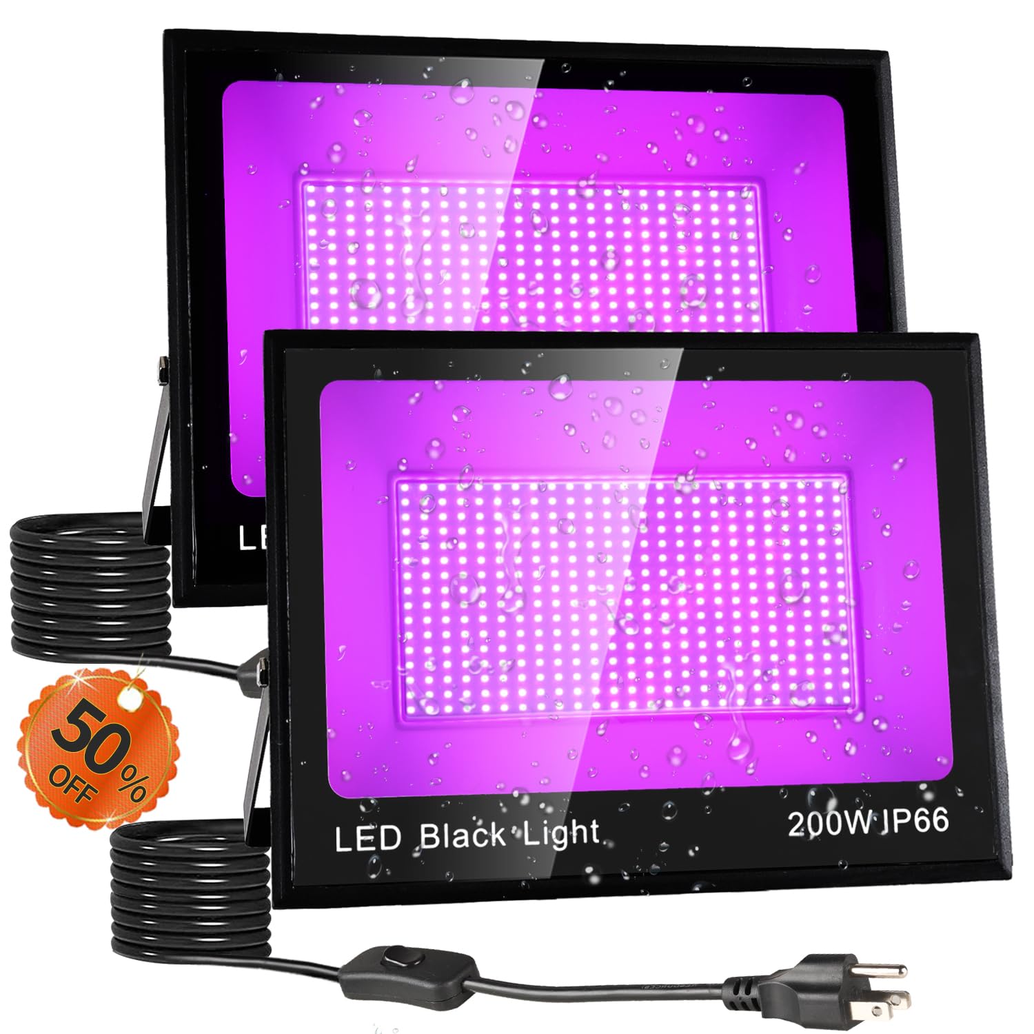 YAYIT 200W Waterproof Blacklight Flood Light with 10ft Cord+Switch, Aluminum Shell, IP66 Outdoor LED Black Lights for Large Space, Glow Party, Halloween, Stage, Aquarium, Poster, Body Paint, 2 Pack