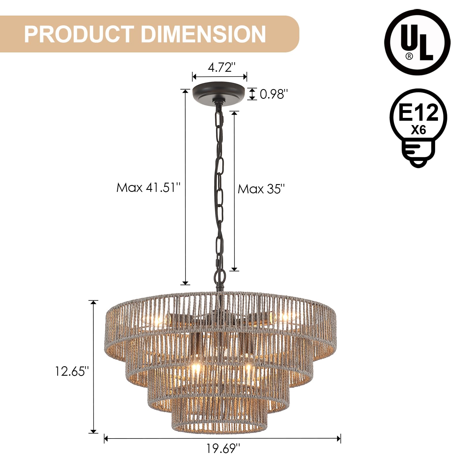 Elyccupa 20” Hand-Woven Rattan Chandelier 6-Lights Transitional Minimalist 4 Round Boho Large Coastal Pendant Light For Kitchen Island Dining Room Living Room Hallway, Gray, Ul Listed