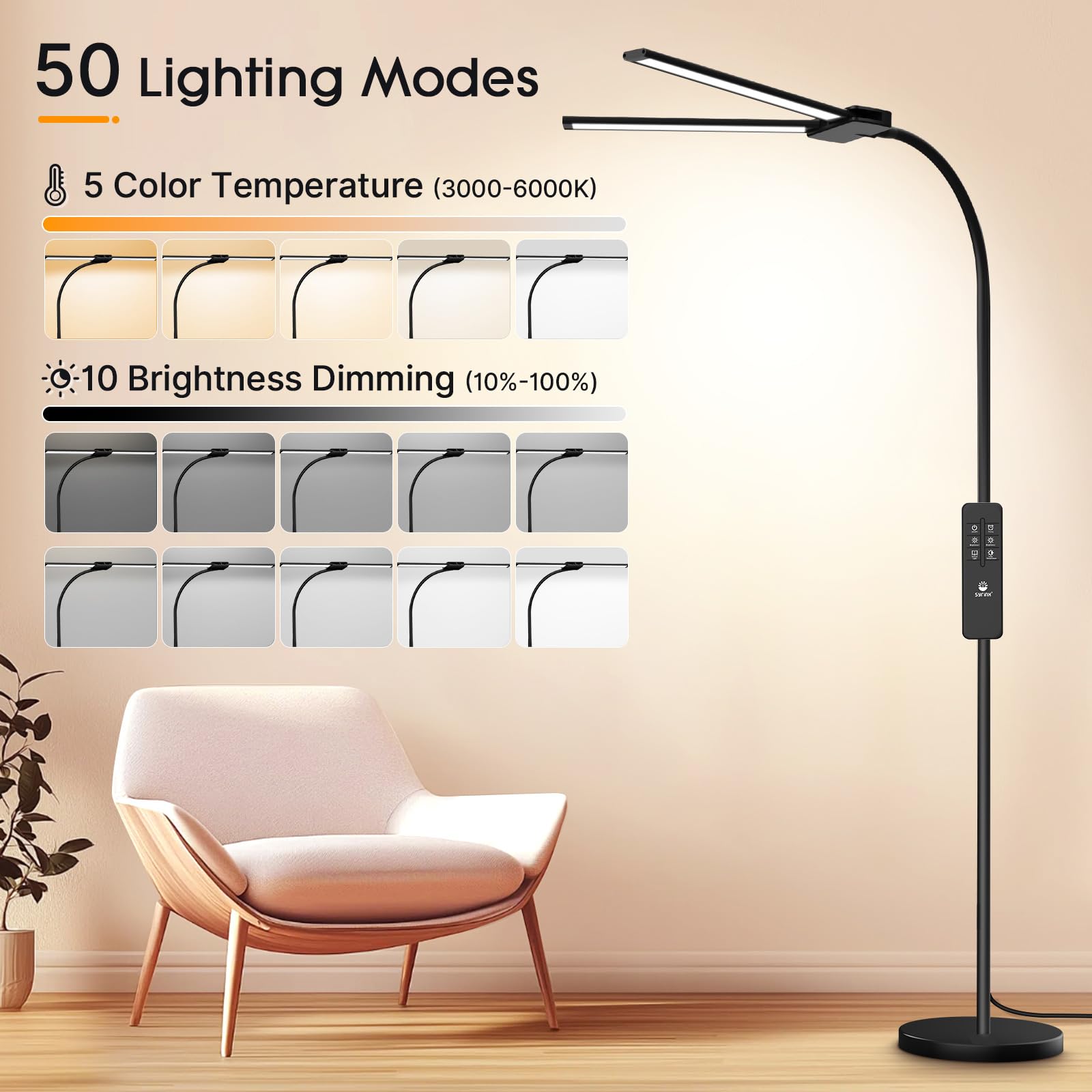 Syrinx LED Floor Lamp, Dual Head Gooseneck, 59" Black Aluminum, Model YG607 with Gesture Switch & Remote Control