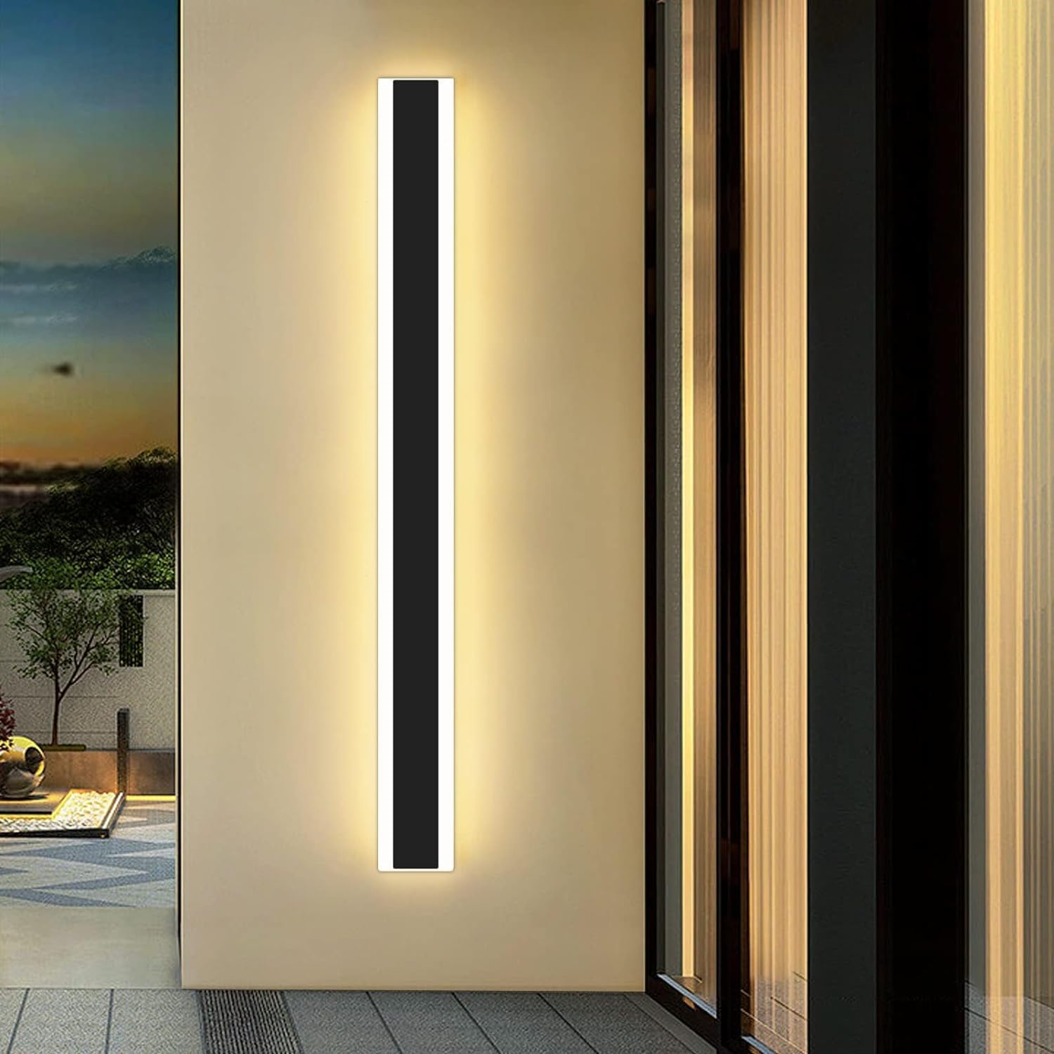 Mikeru Modern Outdoor Wall Light, Dimmable 3000k-6000k, 57" Black Sconce, IP65 Waterproof, Model FTBD
