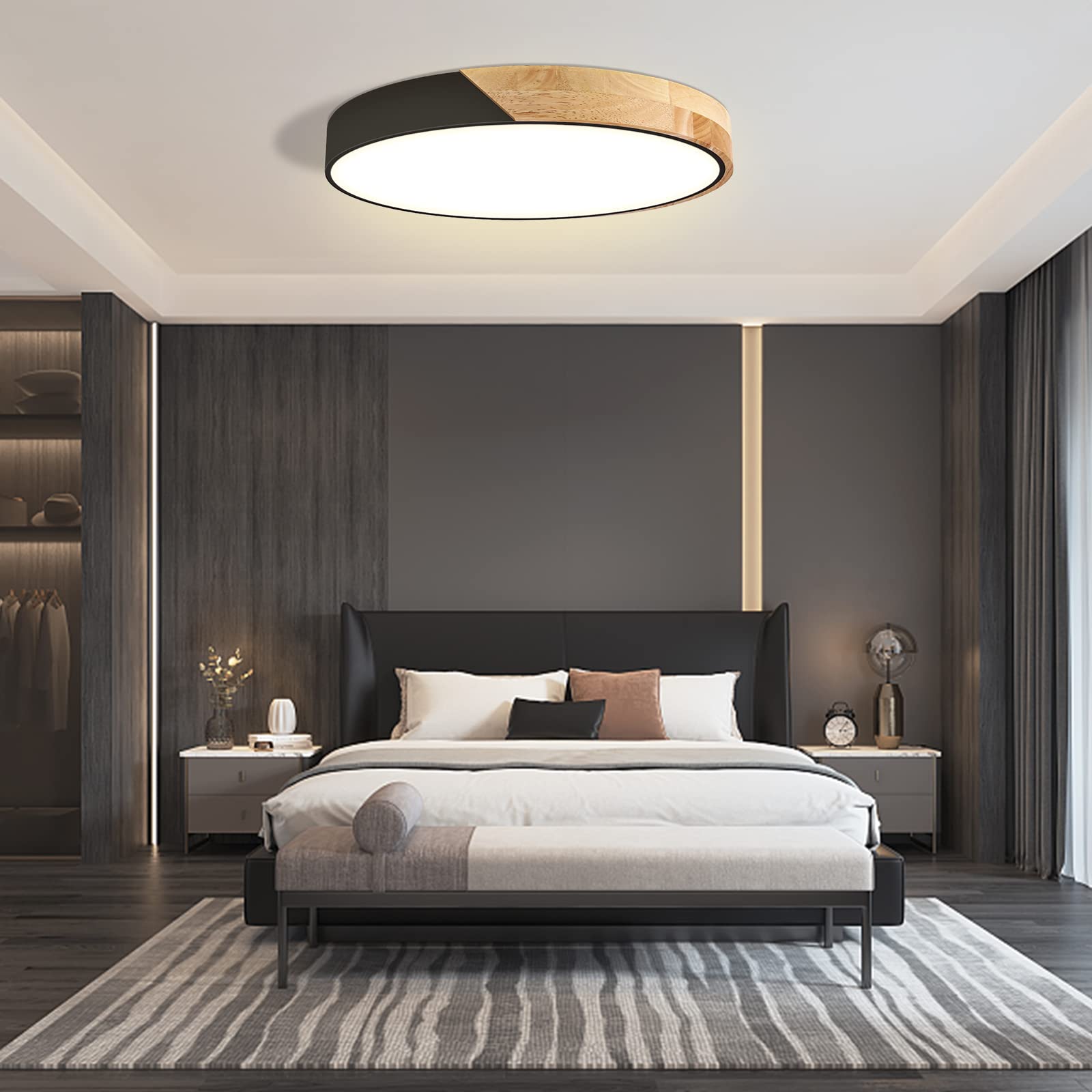 Led Ceiling Light Flush Mount: 15.8 Inch 30W Bedroom Light Fixture With Round Wood Modern Black Flat Overhead Minimalist Ceiling Lamps For Kitchen Hallway Laundry Warm White 3000K, Not Dimmable