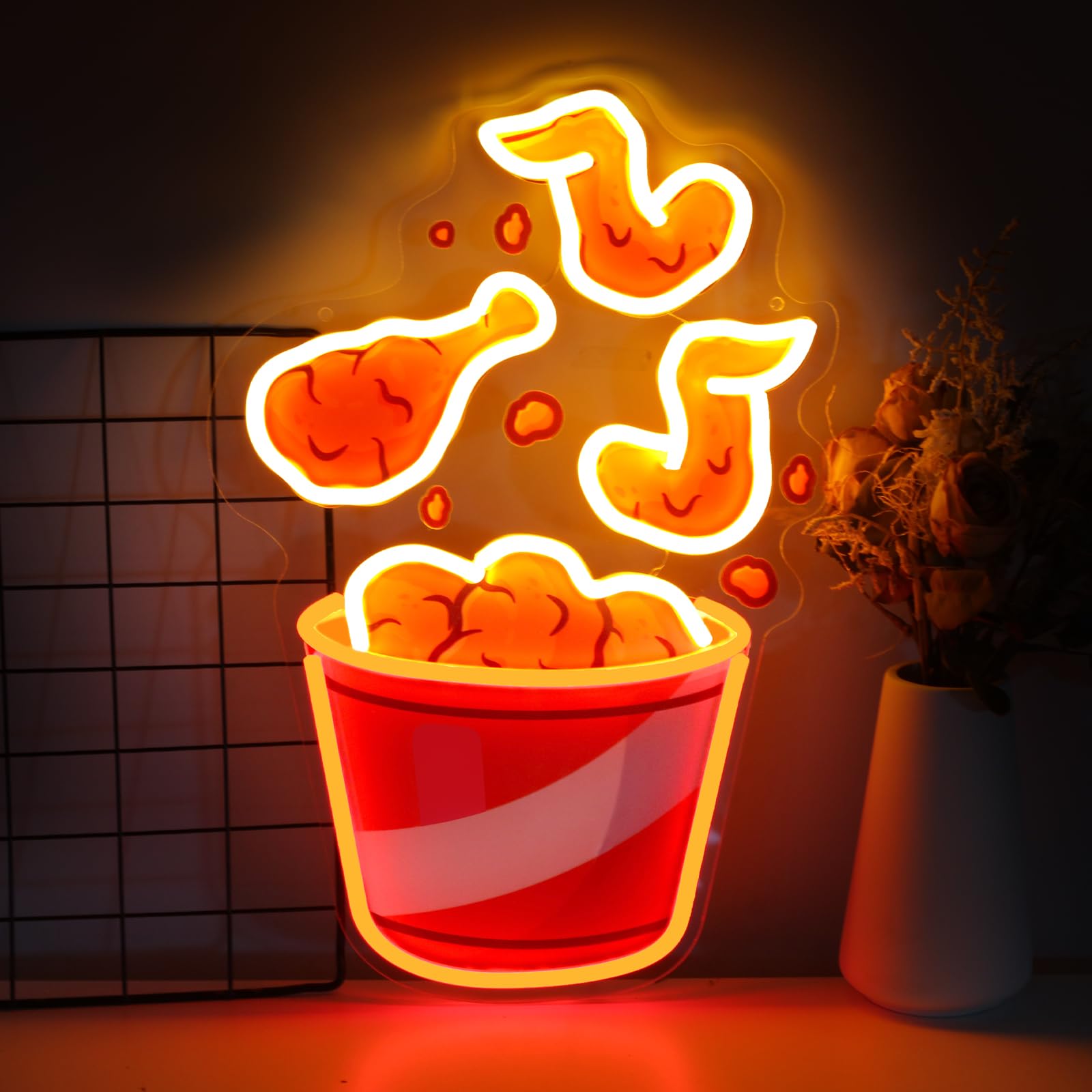 mllusxg Fried Chicken Neon Sign LED Light USB Powered Dimmable Small Retro Decor