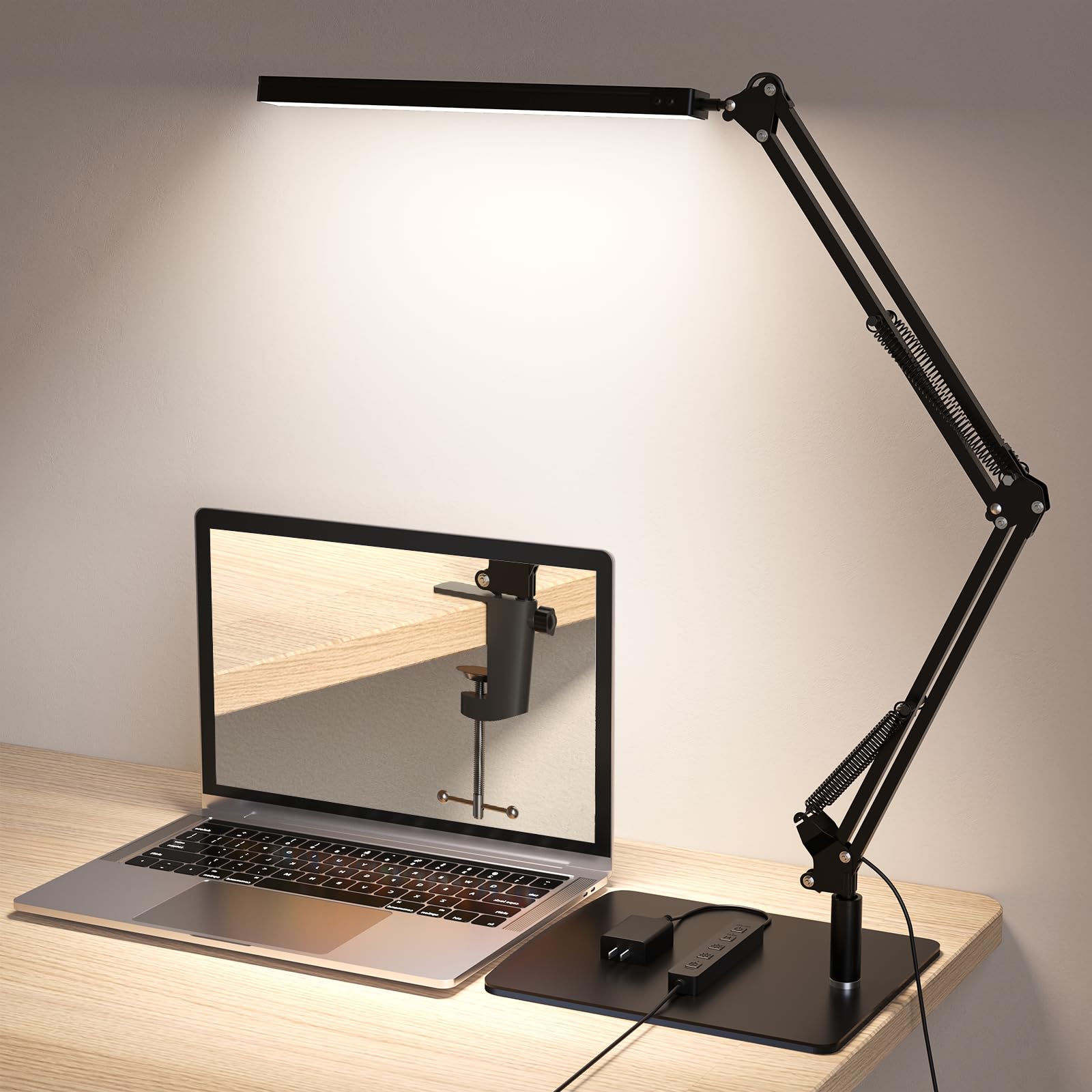 Tropicaltree Led Desk Lamp For Home Office And Round Base, Clamp-On With 5 Light Modes & Auto Shut Off | 14W Adjustable Brightne