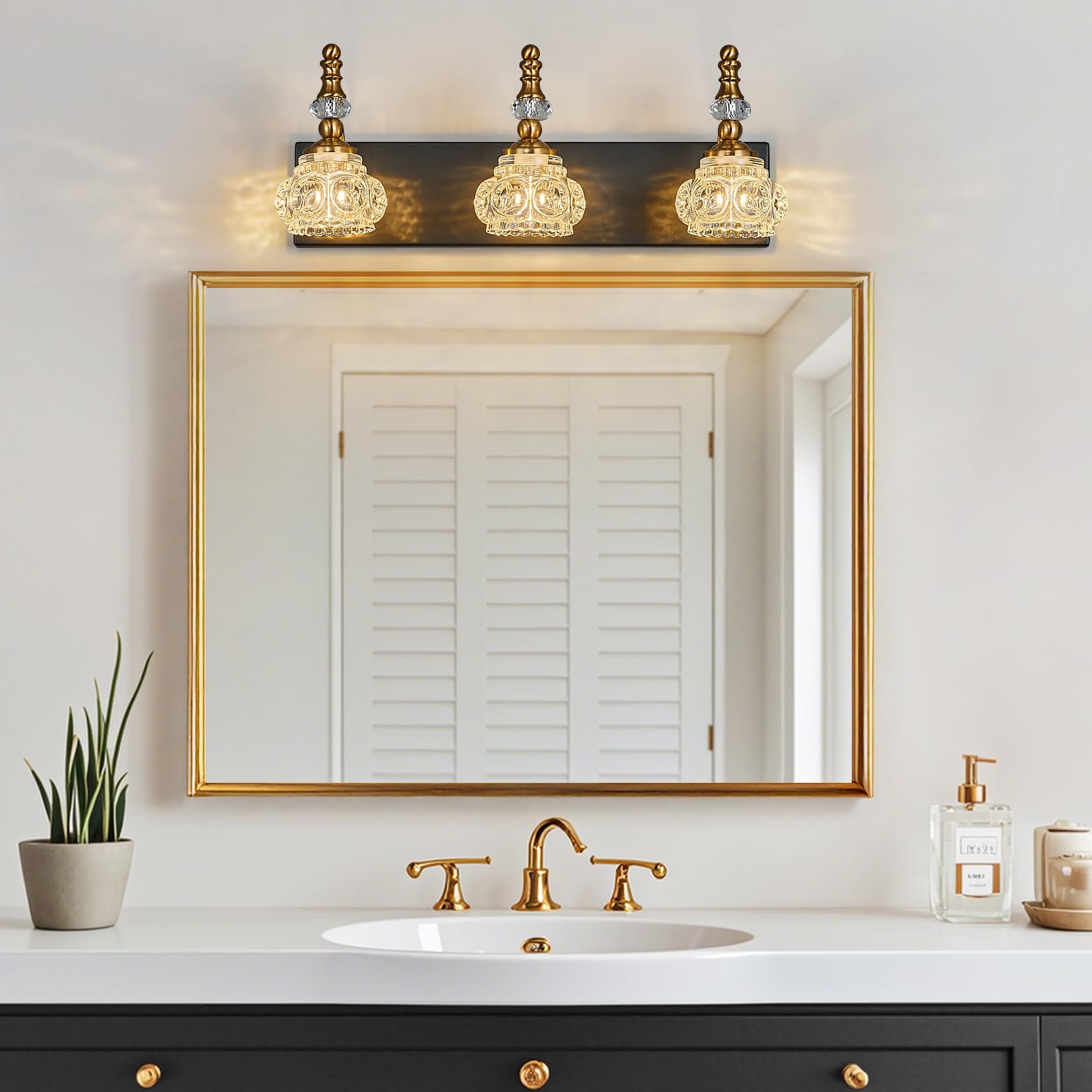 LBSQJ Modern Glass Crystal Bathroom Light Fixtures, 3-Light Vanity Light, Black Gold, Model 493