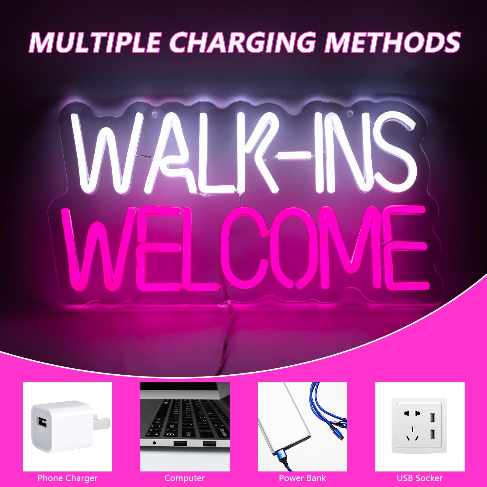 Moodlion Neon Wall Sign - Pink LED Light for Studio Room Decor, 15.8x11.5 IN, Acrylonitrile Butadiene Styrene, Walk Ins Welcome