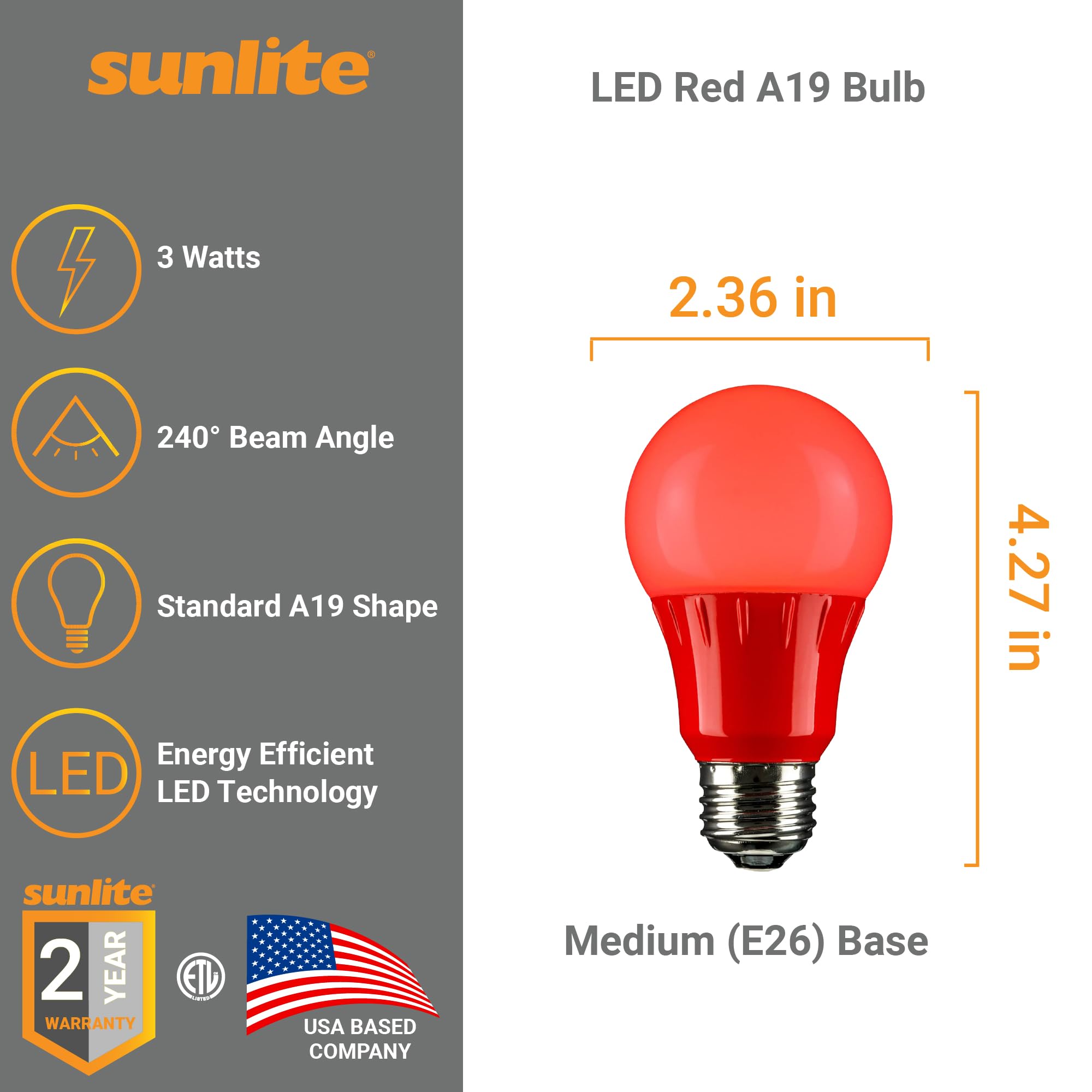 Sunlite LED A19 Colored Light Bulb 3W (25W Equivalent) E26 Medium Base Non-Dimmable Red 3 Count