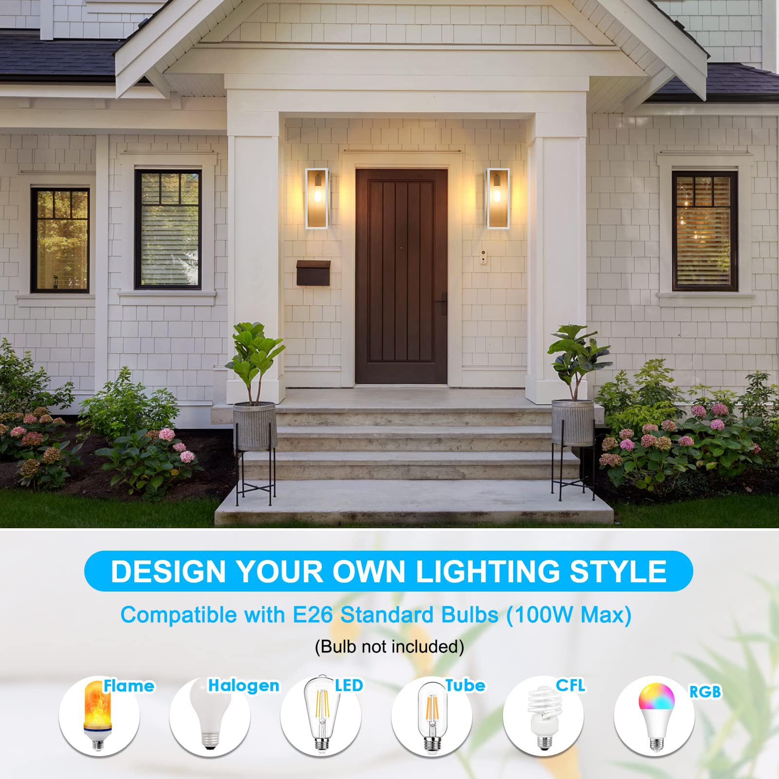 2-Pack Outdoor Wall Lanterns, Exterior Waterproof Wall Sconce With Glass Shades, White Porch Lights Wall Mounted, Anti-Rust E26