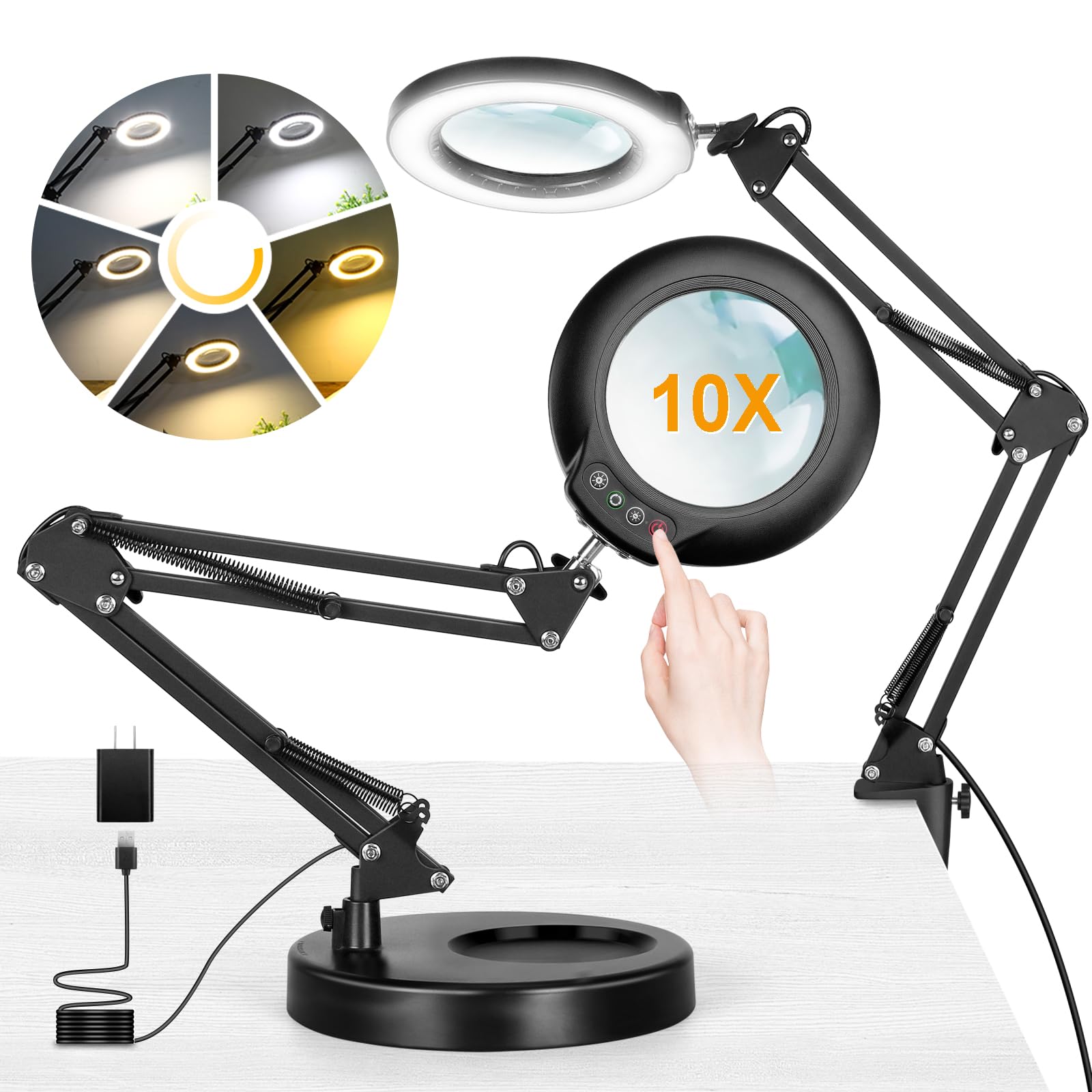 Ivmaie 10X Magnifying Glass With Light And Stand, 2-In-1 Lighted Magnifier With Clamp, 5 Color Modes Dimmable Led Desk Lamp Hands Free For Painting Craft Jewelry Sewing Hobby Model Close Work