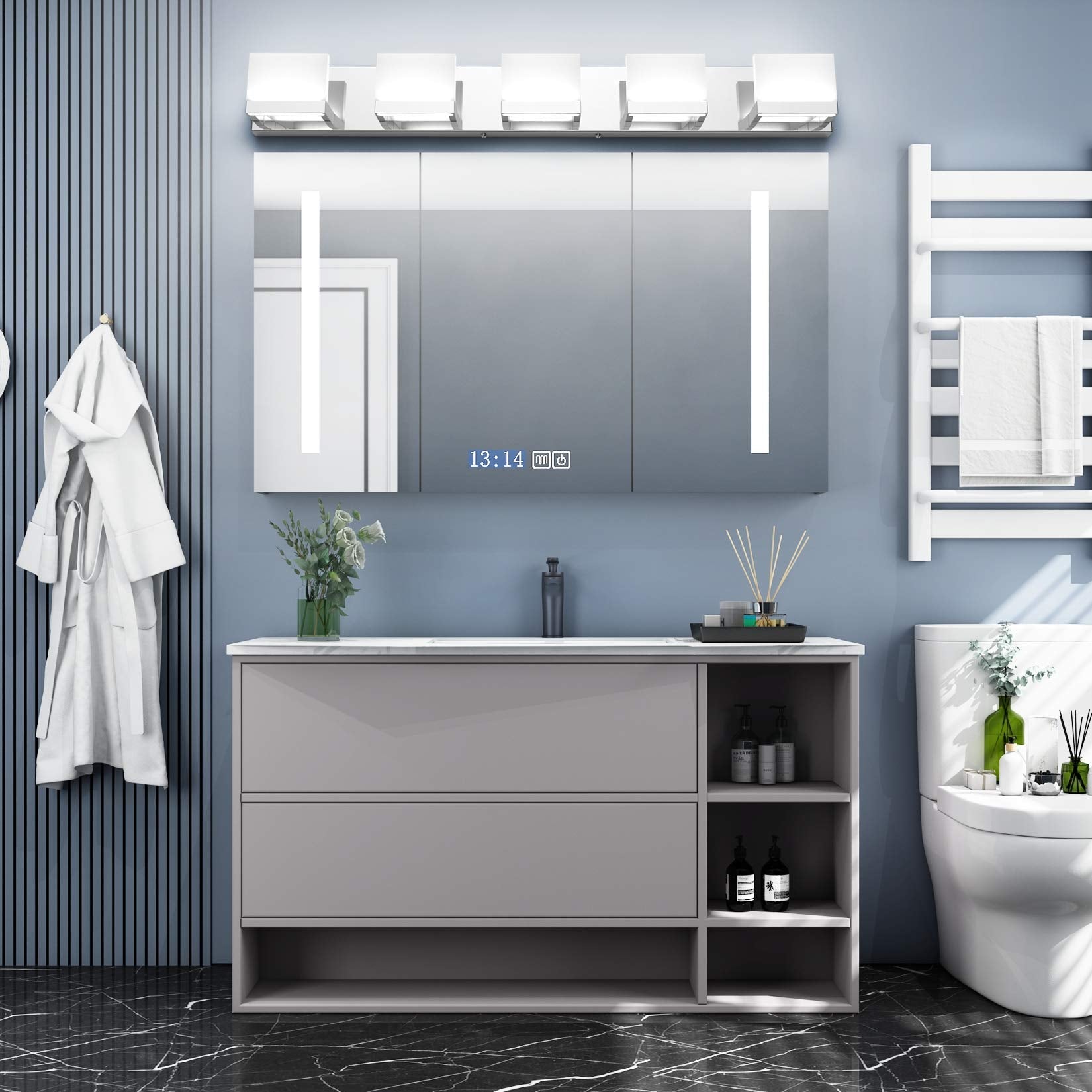 Tipace Chrome 5 Lights Modern Vanity Light Fixture - Stainless Steel, Up and Down LED, 6000K White Light for Bathroom Mirror