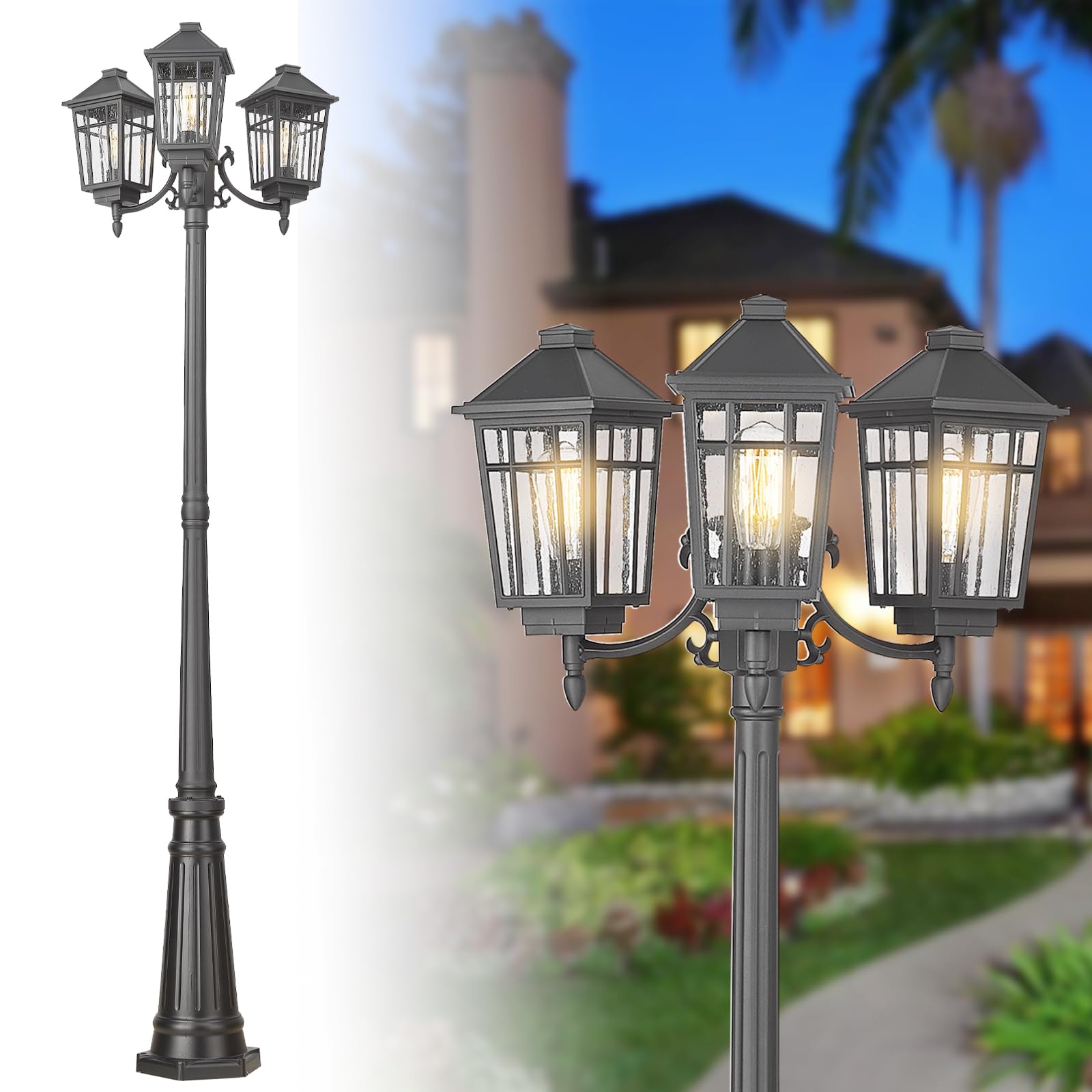 Darkaway Outdoor Post Light 3-Head Outdoor Street Light Pole Lamp Posts Road Lighting Waterproof Aluminum With Glass Outside Lighting Fixture For Backyard Garden Patio Pathway
