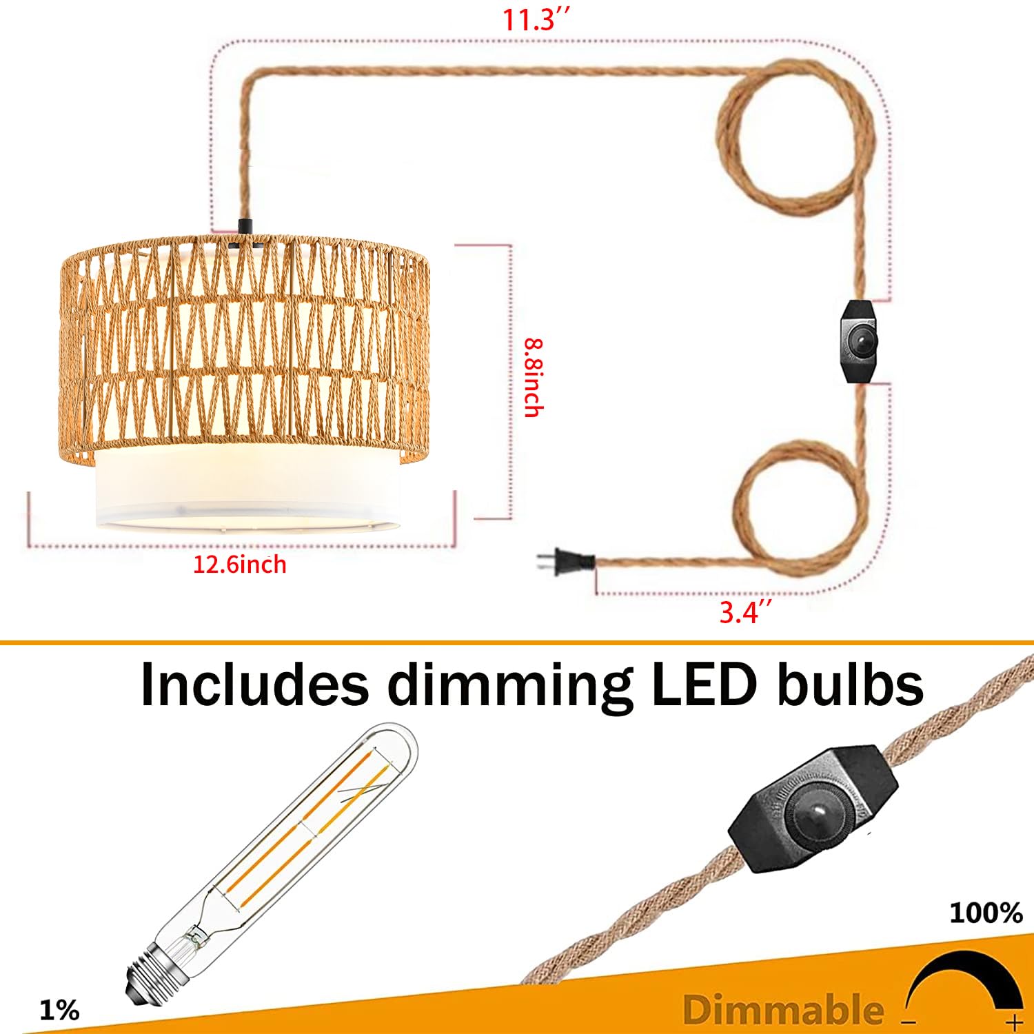ZECOXOL Boho Pendant Light Rattan Hanging Lamp with Dimmer Switch 12in Two Layers-Shape Wicker Shade for Bedroom Living Room Kitchen Island