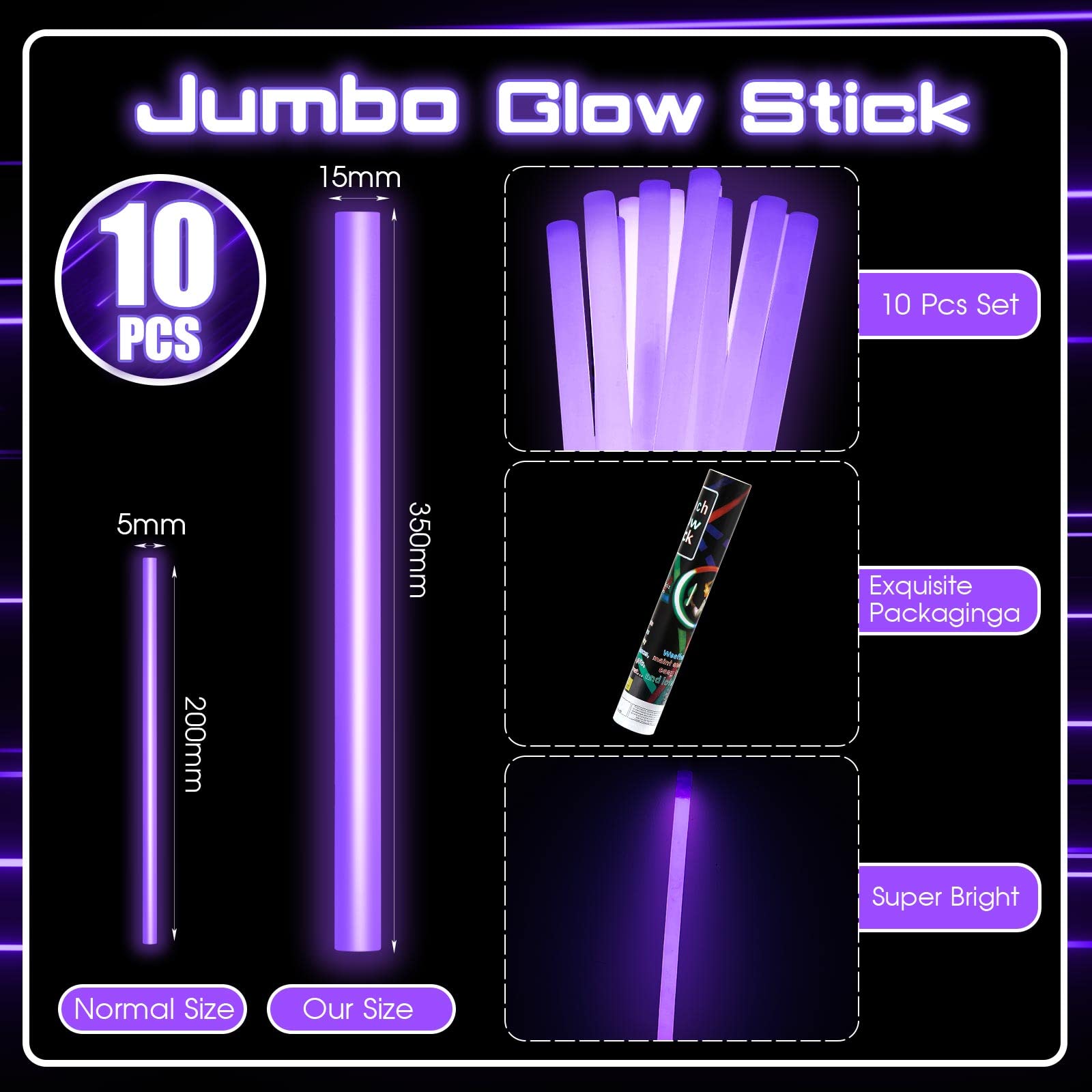 Lewtemi 10 Pcs Jumbo Glow Sticks - 14 Inch Purple Emergency Light Sticks for Halloween, Camping & Survival Kits