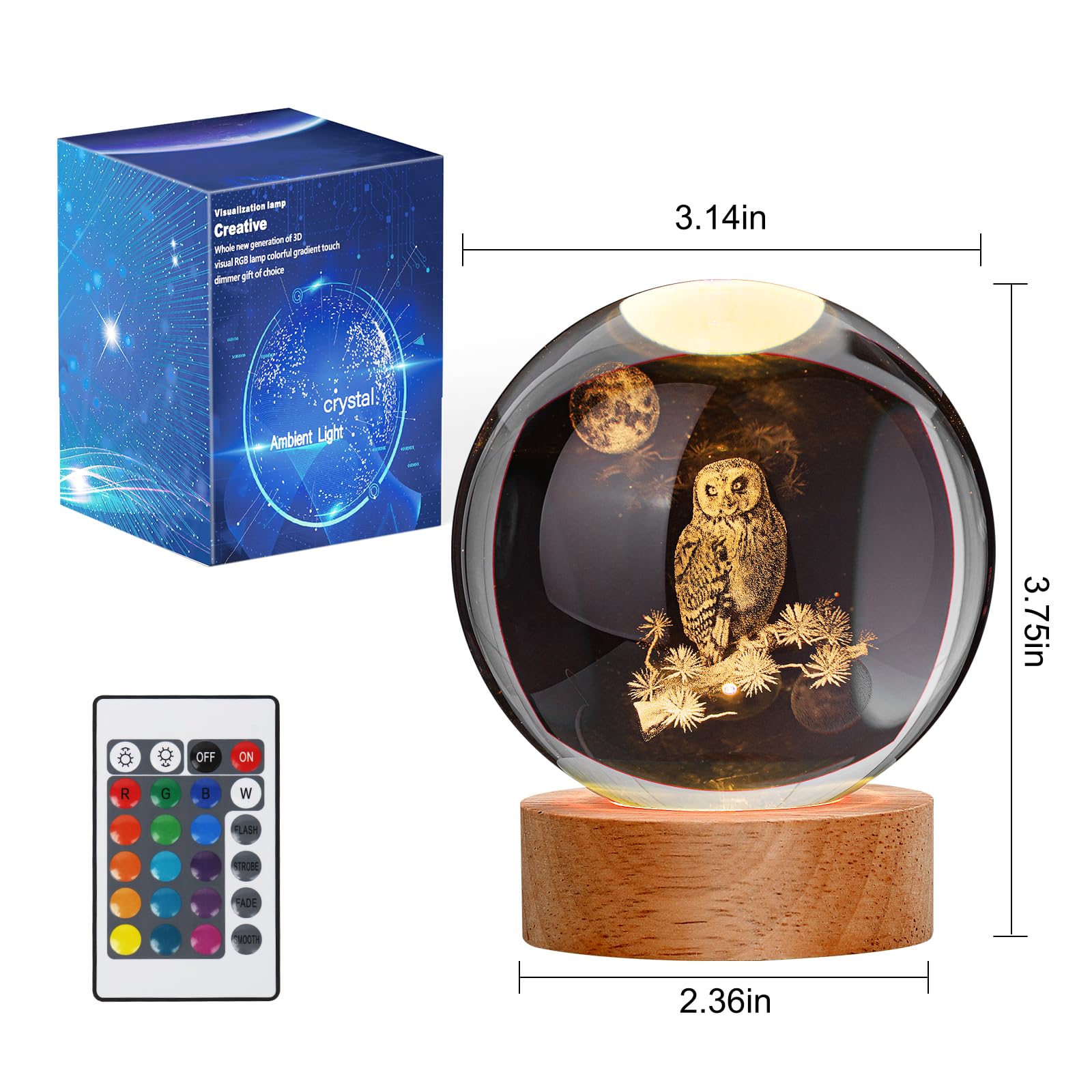 JANARARY 3D Owl Crystal Ball Night Light, 16 Color Changing with Remote Control, Bedroom Decor for Teens, Model MS-CrystalBallOwl