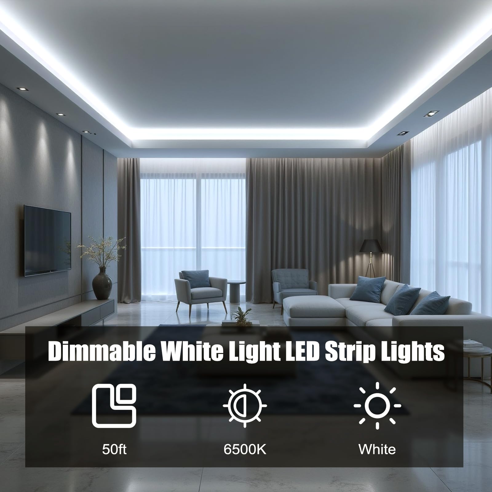MYPLUS 50FT Dimmable LED Strip Lights, 6500K Cold White, Flexible Tape Light with 900 LEDs, UL Listed Power Supply, Model MUSZH1186K
