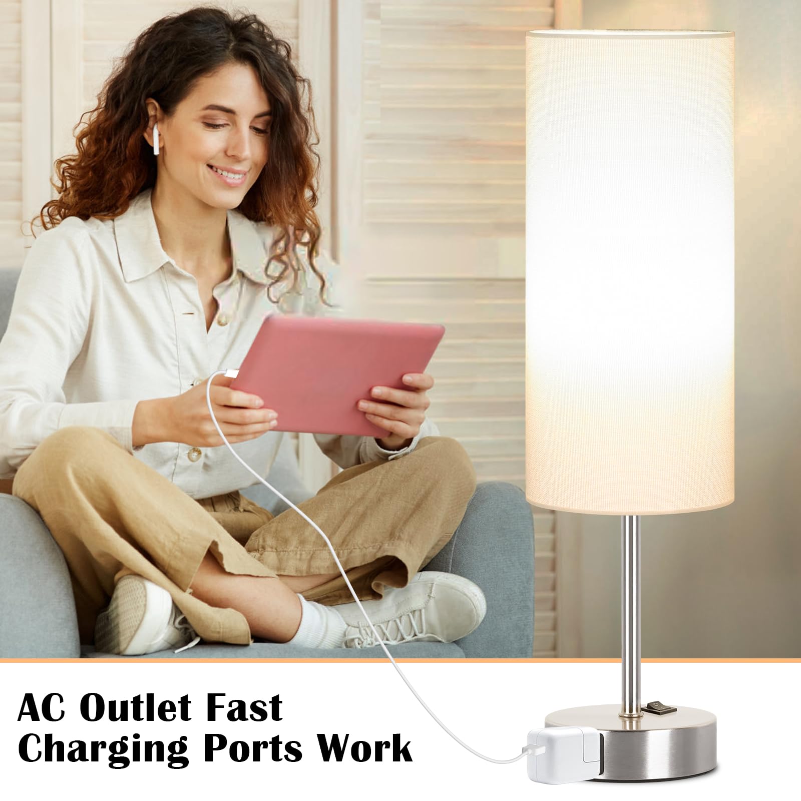 ZJOJO 2 Pack Bedside Table Lamp, 18in Dimmable with Rocker Switch, White Fabric Shade Nickel Base, Model RD-PTL6W-039
