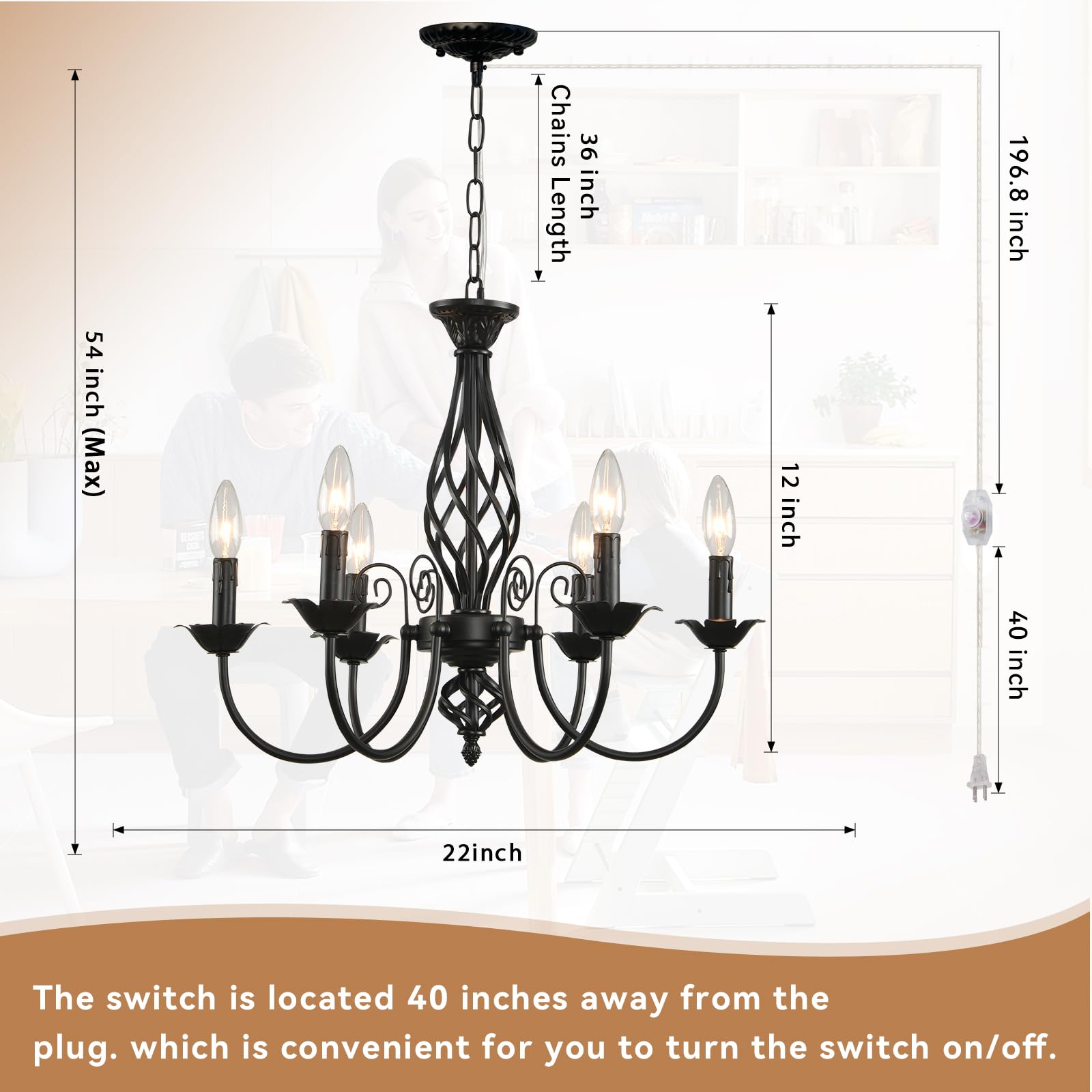 Hoxiya 6-Light Dimmable Black Farmhouse Chandelier For Living Room, Dining Room, Kitchen