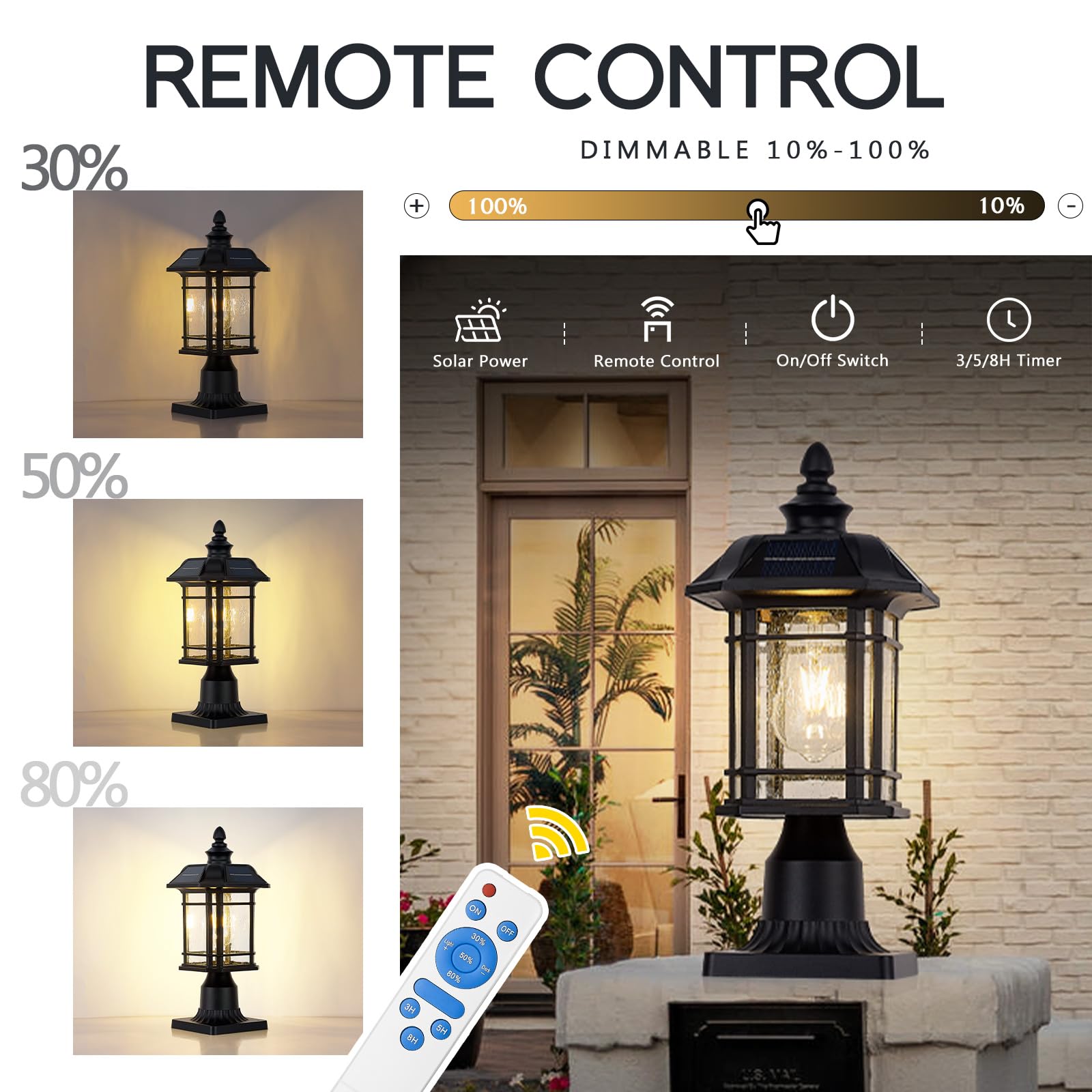 Emliviar 16 Inch Outdoor Solar Post Light with Remote Control, Black Finish, Seeded Glass Shade, Model A2202110P1-SL BK