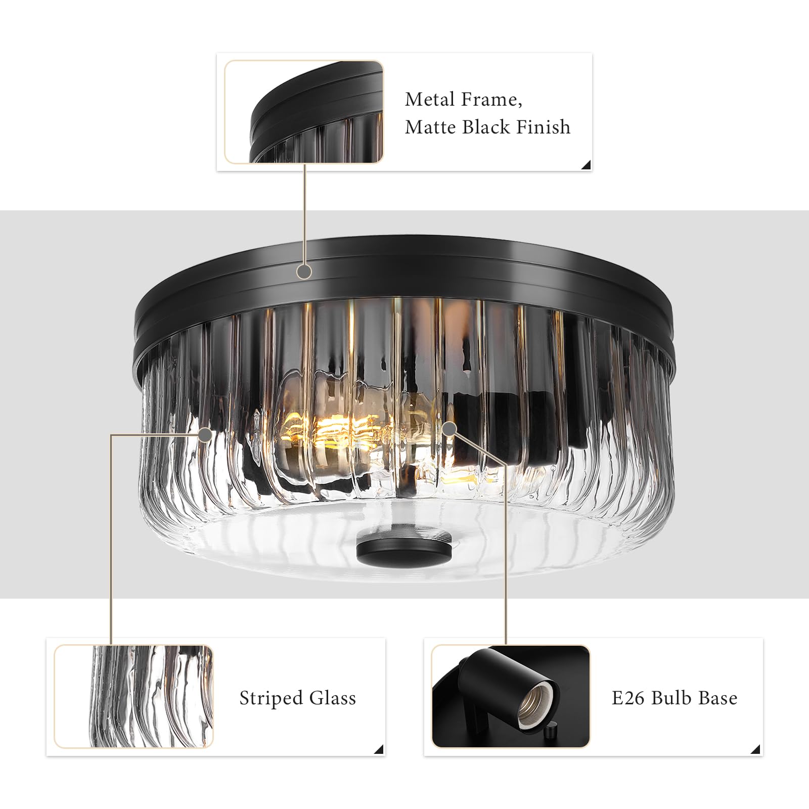 Rosient Modern Flush Mount Ceiling Light, Ceiling Lamp With Clear Striped Glass Shade, Rustic Round Ceiling Light Fixture For Ki