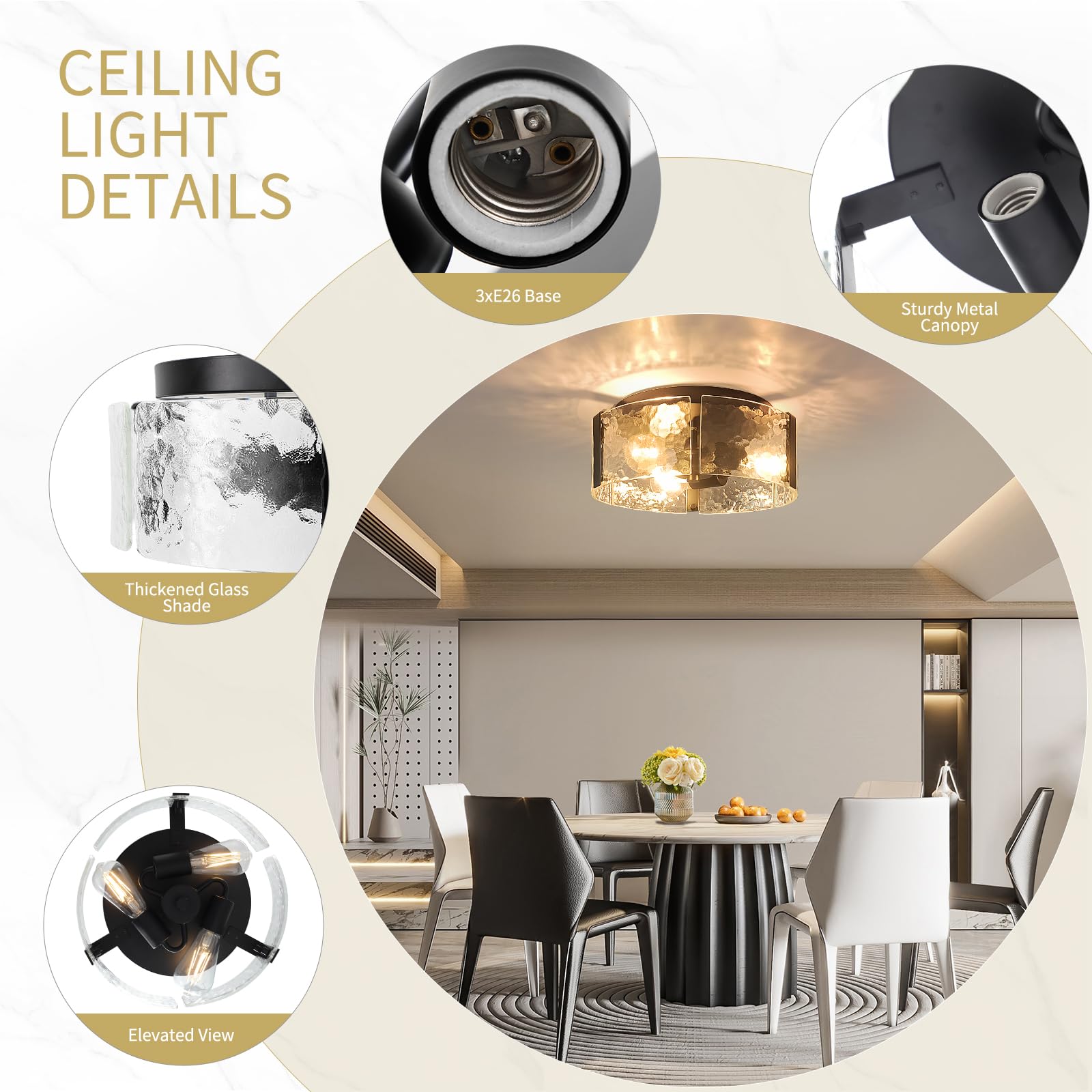 LIBOZMKO Black Semi Flush Mount Ceiling Light 3-Light Metal Foyer Fixture 13in Model LV25F70-B for Kitchen Entryway Bathroom