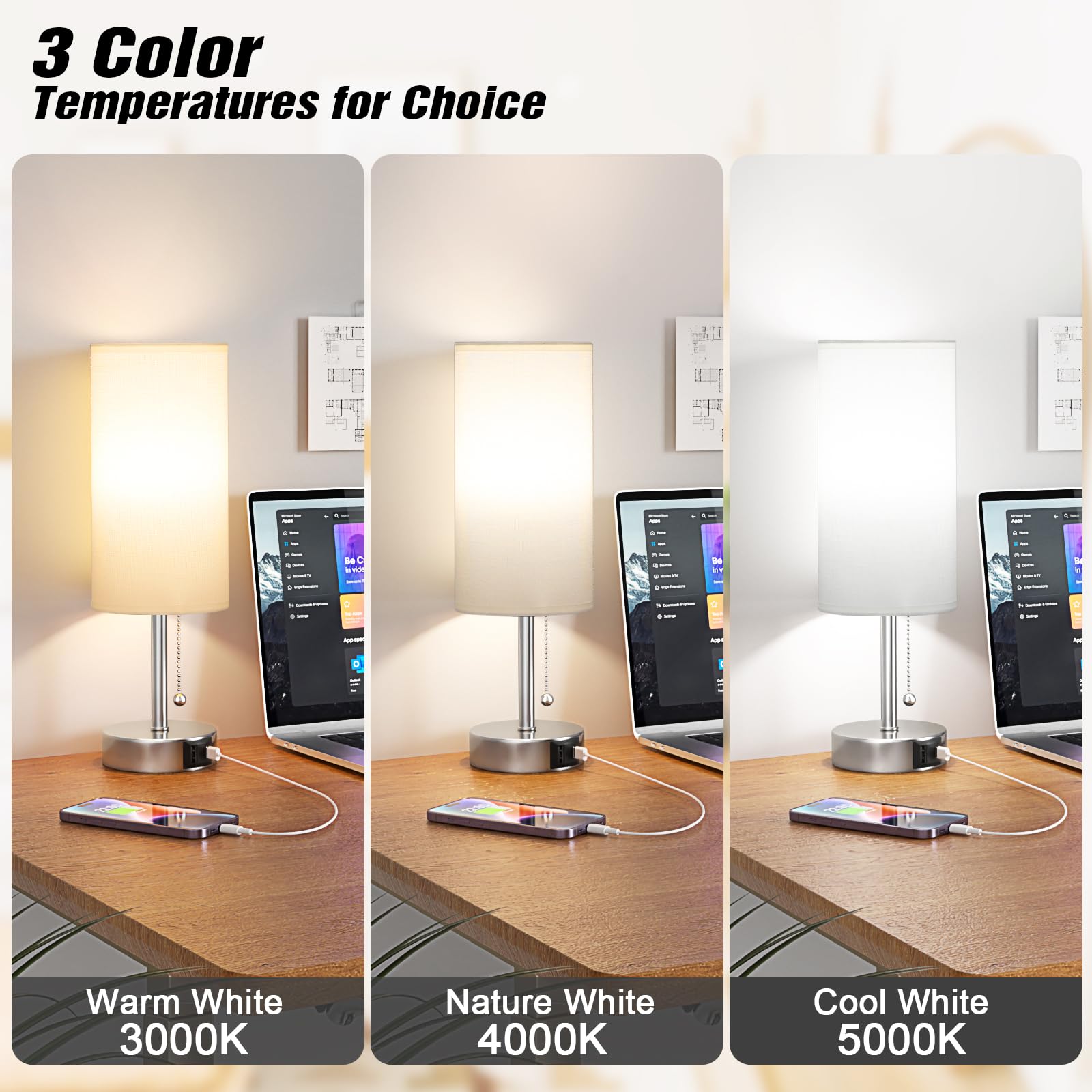 White Table Lamp For Bedroom Nightstand - Small Lamp With Usb A + C Charging Port, 3 Color Temperatures Pull Chain Night Stand L