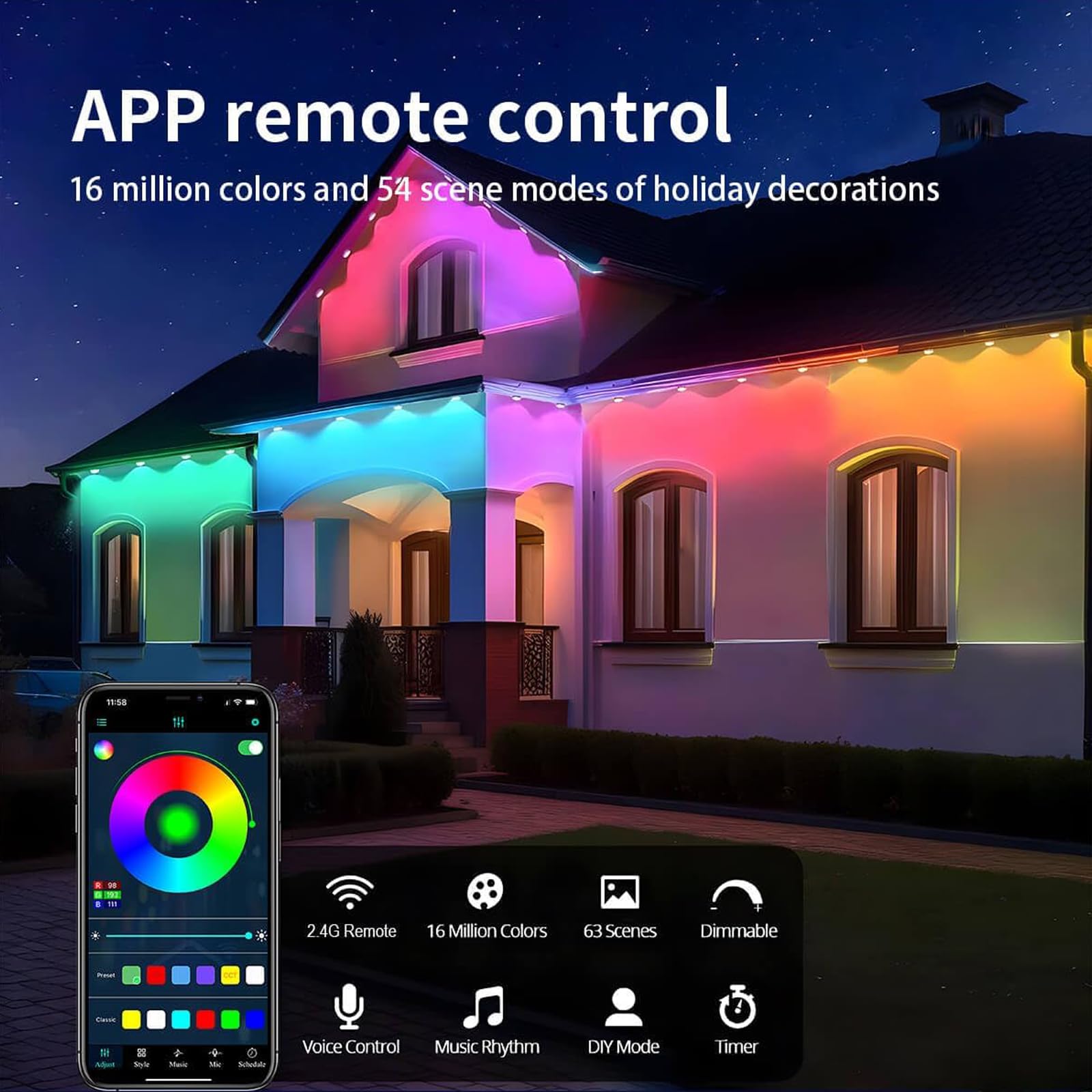 BAILONGJU 150ft Smart RGB Outdoor String Lights, 90 LEDs, IP67 Waterproof, Multicolor Eaves Lighting for Parties & Holidays