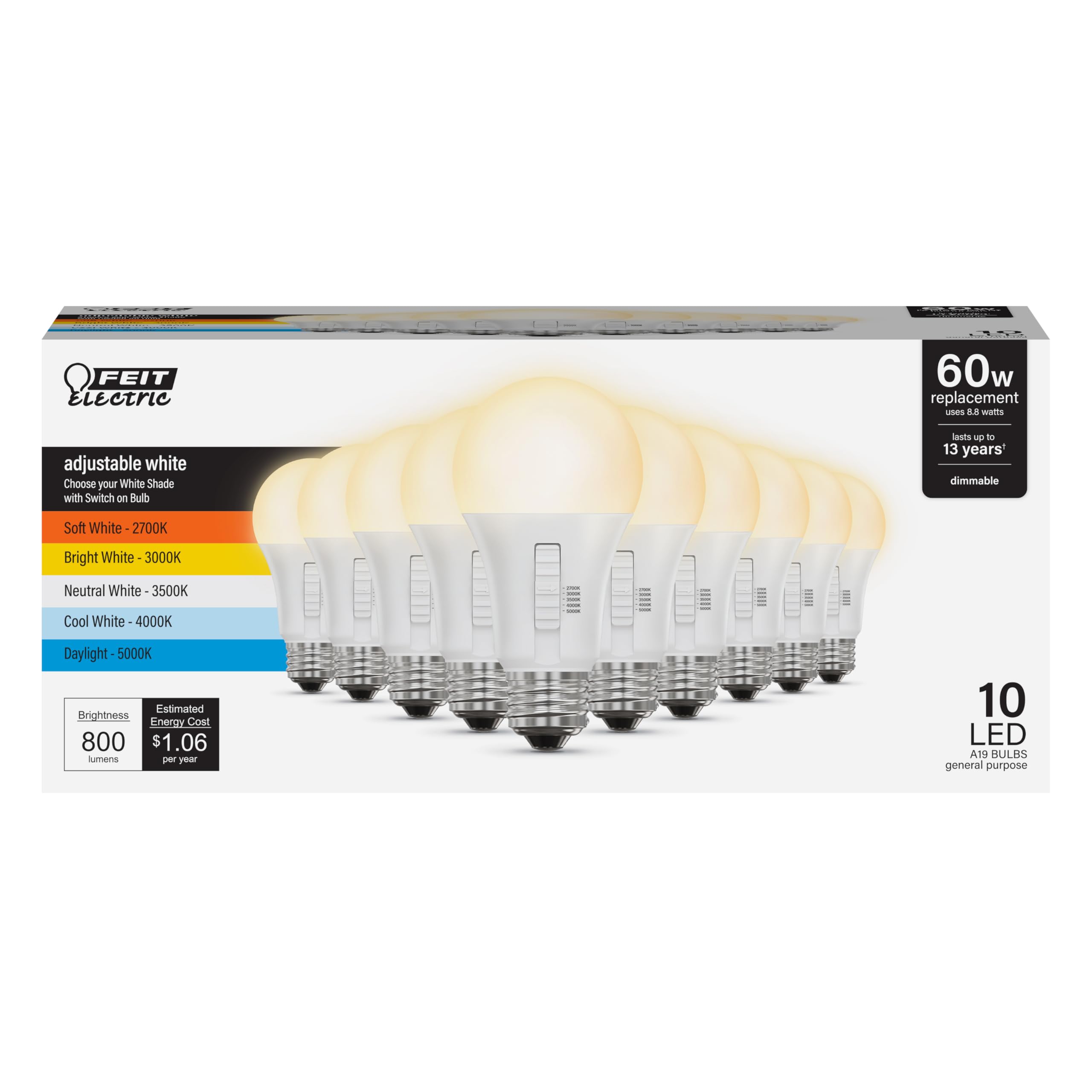 Feit Electric A19 Led Light Bulb, 60W Replacement, Dimmable, Selectable Color Temperatures (2700K-5000K), 800 Lumens, General Pu