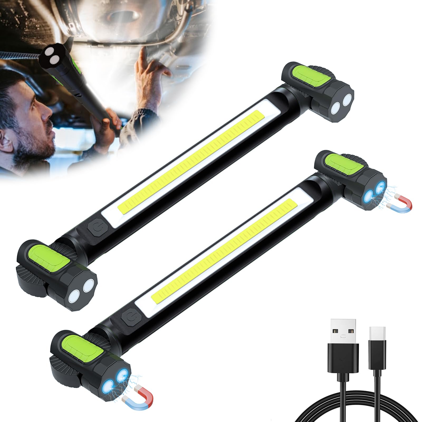 2 Pcs Work Light for Mechanic Magnetic Light Bar 5400mAh Rechargeable 3200LM LED Work Lights Cordless UnderhoodLight with Hooks Portable Automotive Tools for Car Garage Shop Emergency Present for Him